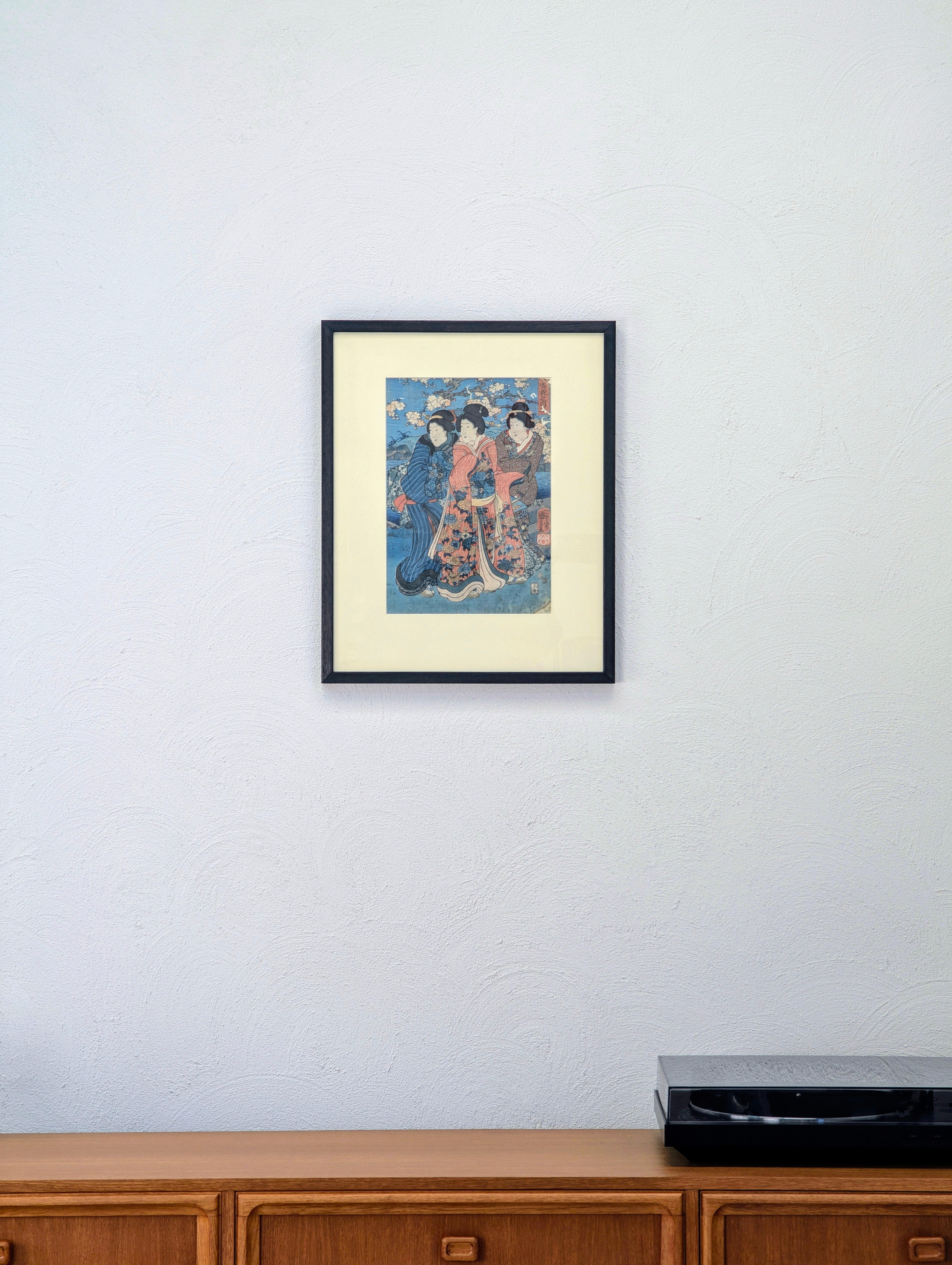 Japonais Utagawa Kunisada I (Toyokuni III) Gravure sur bois japonaise ancienne Trois beautés en vente