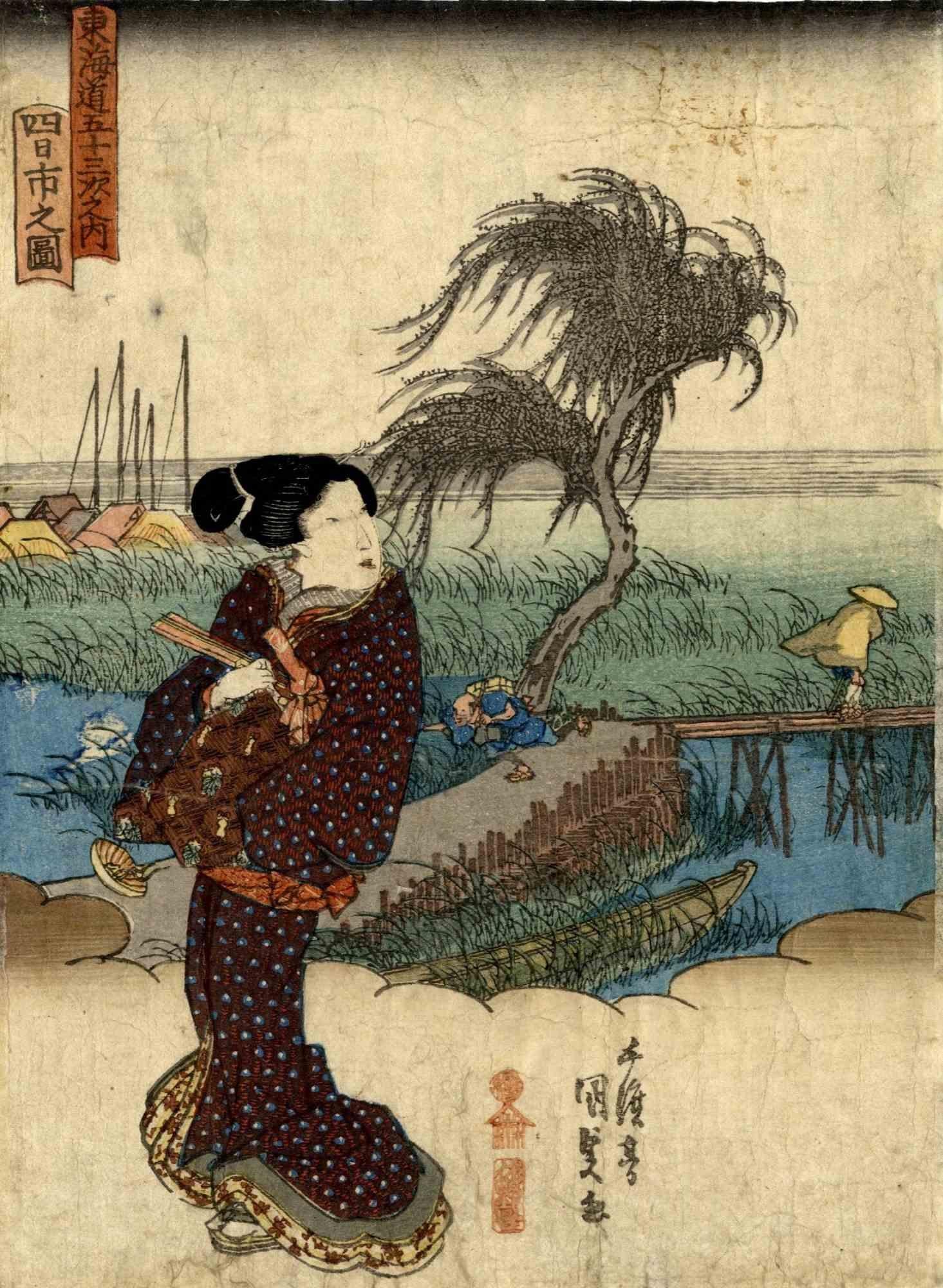 Utagawa Kunisada II  Figurative Print - Bijinga - Woodcut by Utagawa Kunisada - 1830s