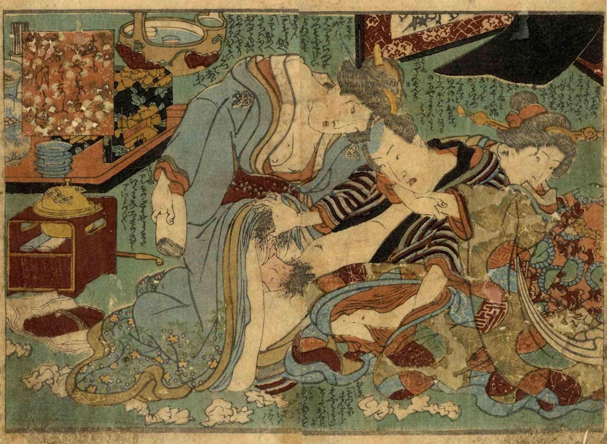 Figurative Print Utagawa Kunisada II  - Shunga, jeu d'amour - gravure sur bois par Utagawa Kunisada - 1850