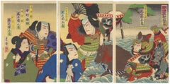Kunisada III, Original Japanese Woodblock Print, Ukiyo-e, Meiji, Horse, Samurai