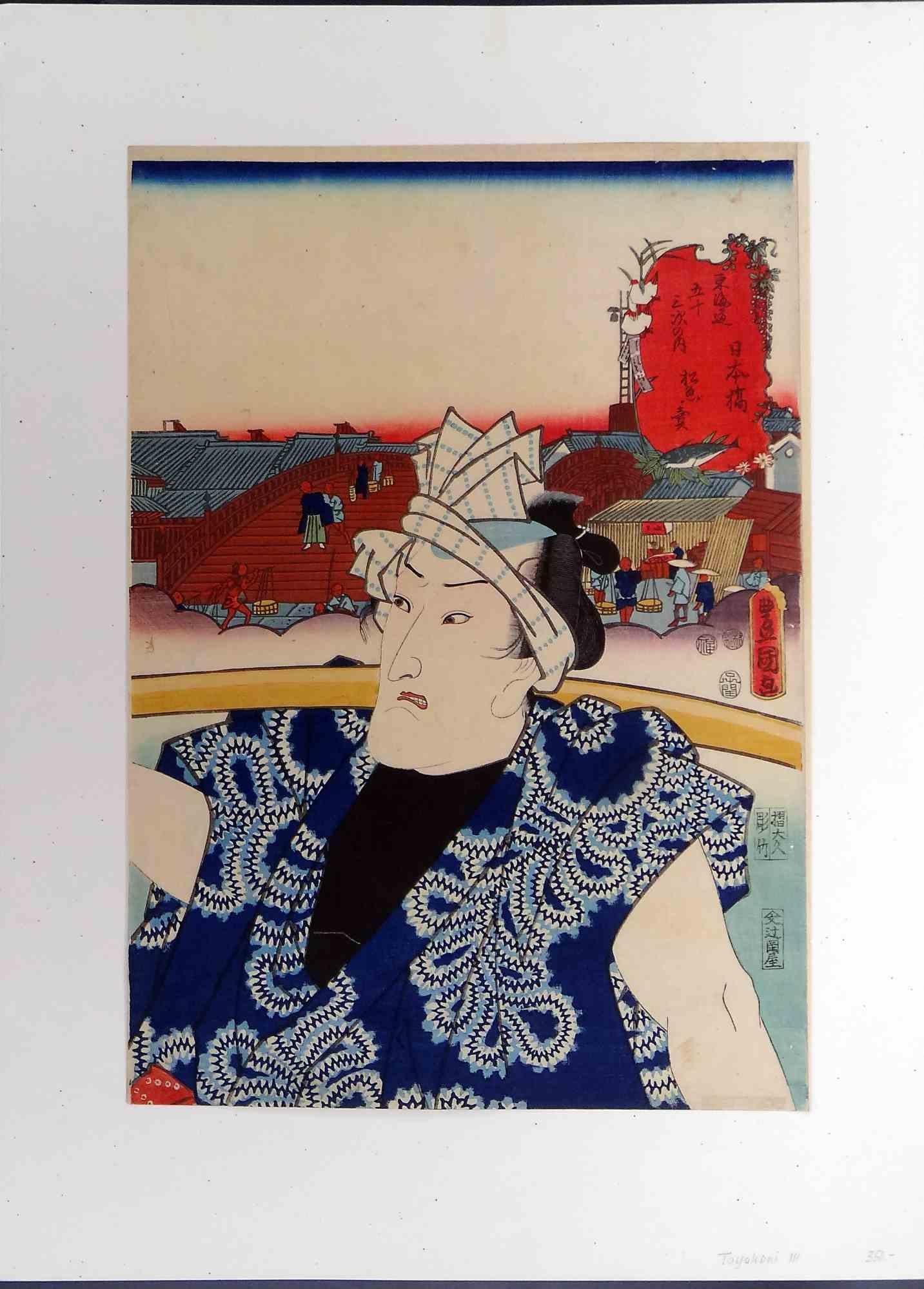 Hombre con abrigo azul llevando mercancías - Xilografía de Utagawa Kunisada - Siglo XIX