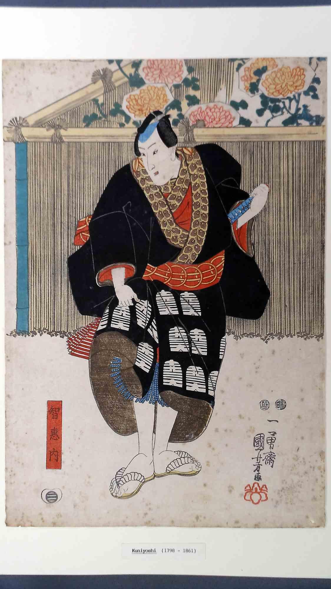 Theater Actor in Black Coat on Stage- Woodcut by Utagawa Kunisada - 19th Century - Print by Utagawa Kunisada III