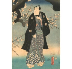 Utagawa Kunisada (1786-1865) - Gravure sur bois japonaise, Homme sous un arbre en fleurs