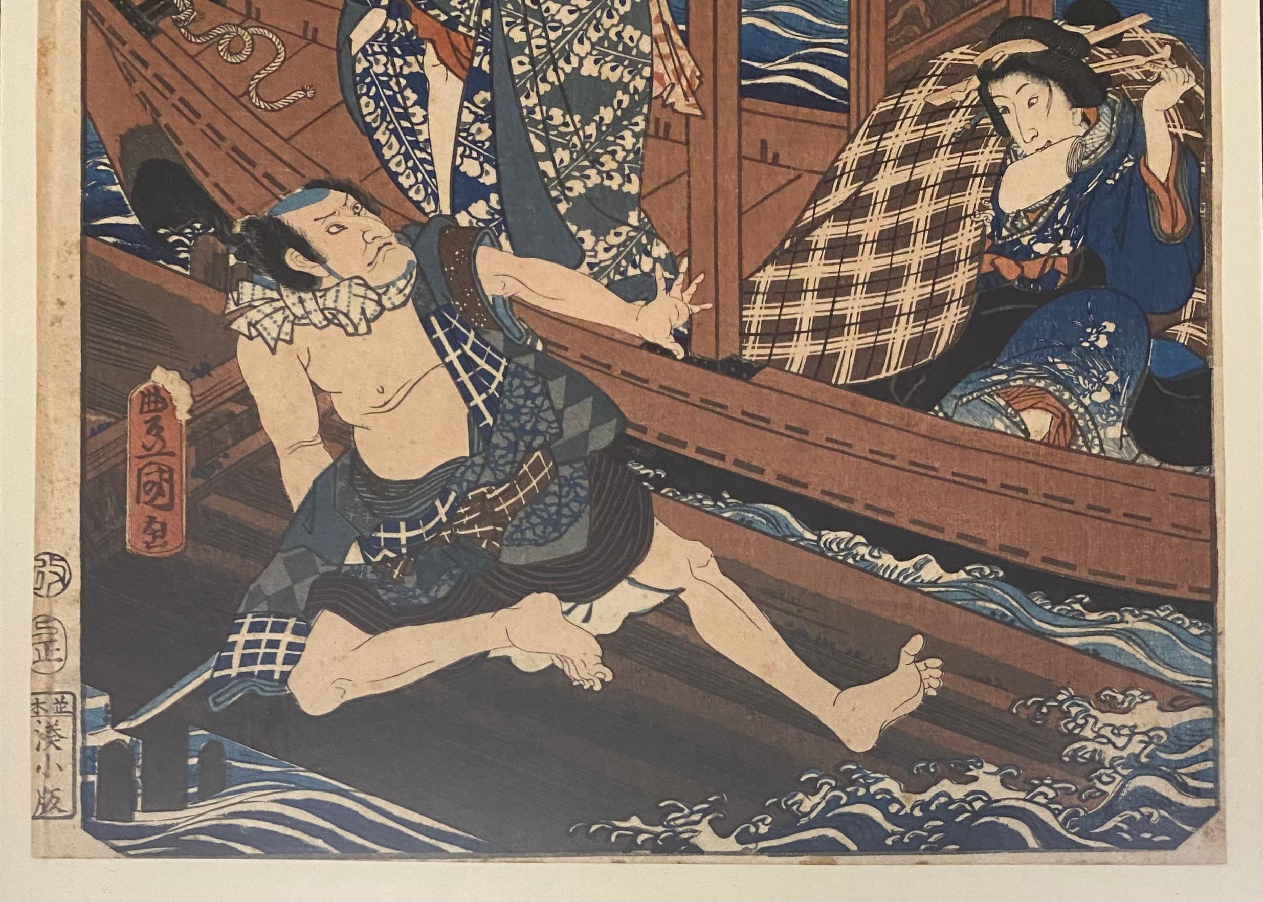 Ein feiner, professionell gerahmter japanischer Original-Holzschnitt, der dem Meister Utagawa Kunisada (1786 - 1865), auch bekannt als Utagawa Toyokuni III, zugeschrieben wird; Tinte und Farbe auf Papier.
Edo-Periode, ca. 1859.

Dies ist ein