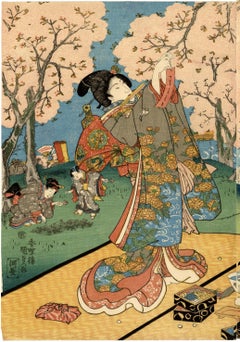 Beauties Picnicking Beneath Cherry Blossoms Triptych