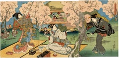 Antique Beauties Picnicking Beneath Cherry Blossoms Triptych