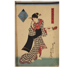 Antique Beauty with Flowers Japanese Woodblock Print