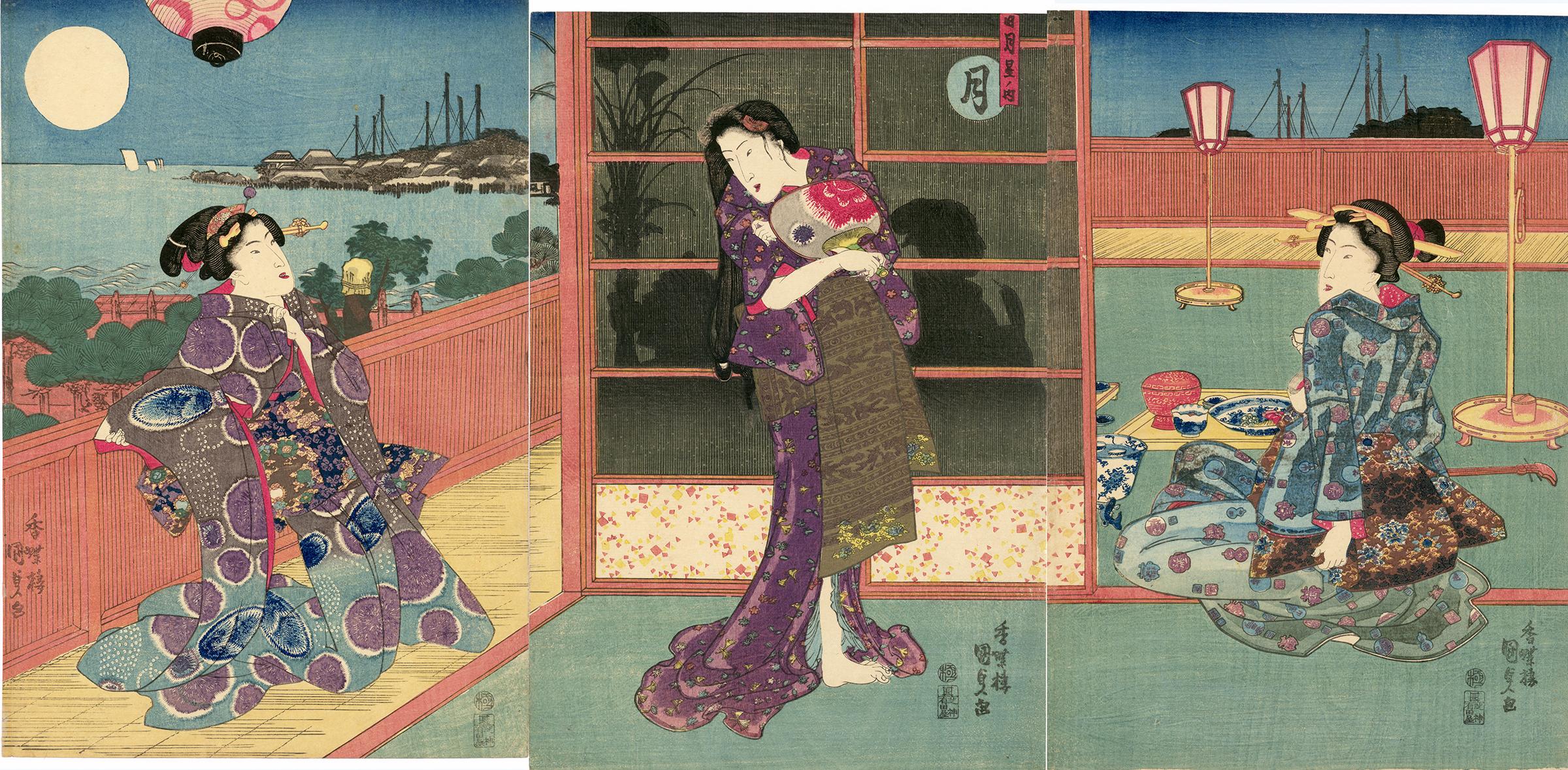 Japanese Beauties Enjoy a Full Moon  - Edo Print by Utagawa Kunisada (Toyokuni III)