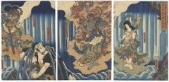 Kunisada (Toyokuni III) Ukiyo-e Japanese Woodblock Print, Monk, Gods & Waterfall