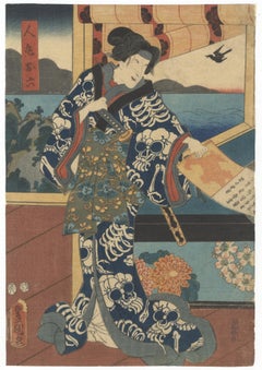 Original Japanese Woodblock Print, Kunisada Ukiyo-e, Kimono Skeleton Triptych