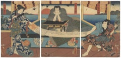 Original Japanese Woodblock Print, Kunisada Ukiyo-e, Kimono Skeleton Triptych