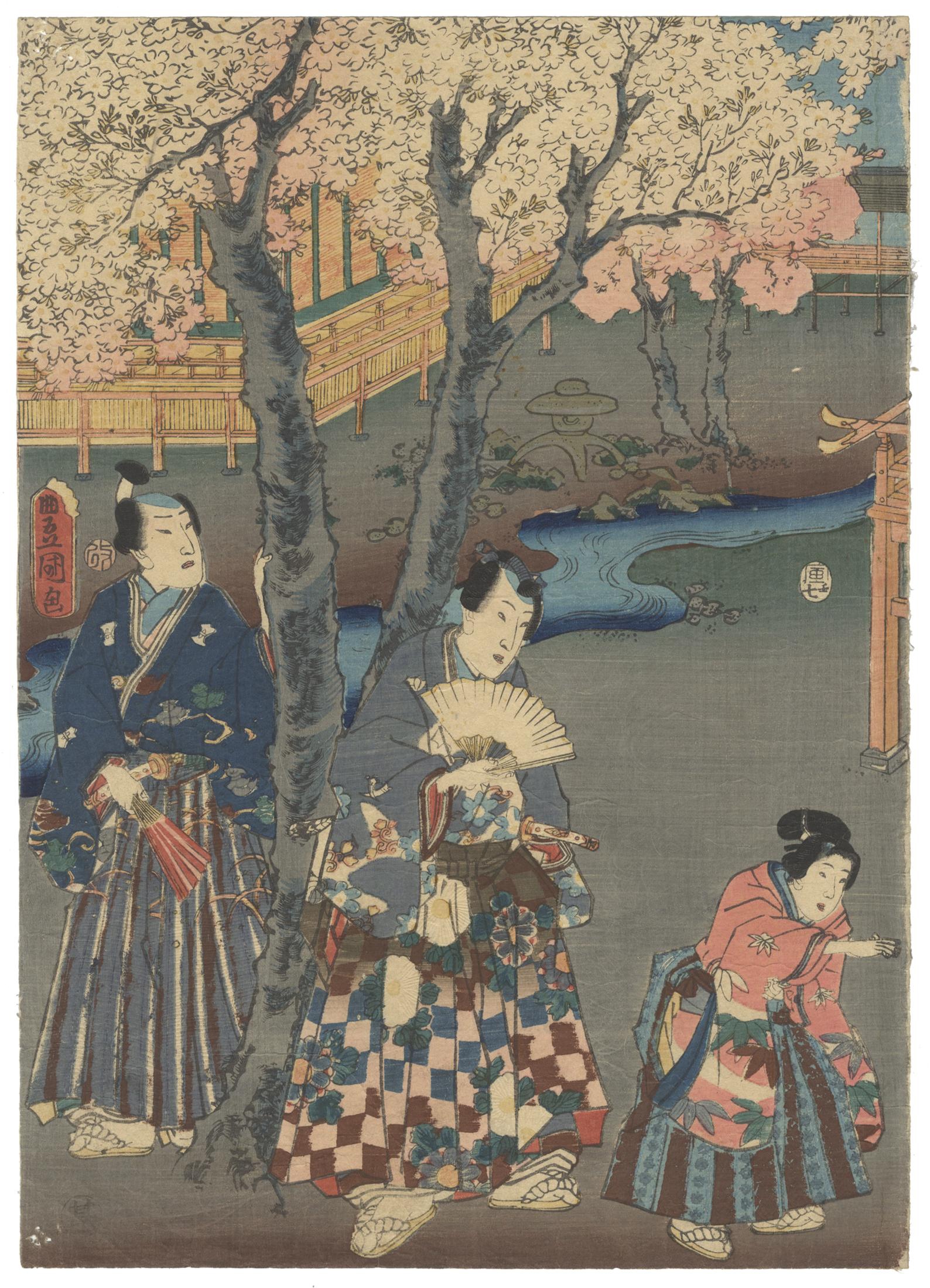 Original Japanese Woodblock Print, Toyokuni III, Tale of Genji, Kemari, Sakura - Brown Landscape Print by Utagawa Kunisada (Toyokuni III)