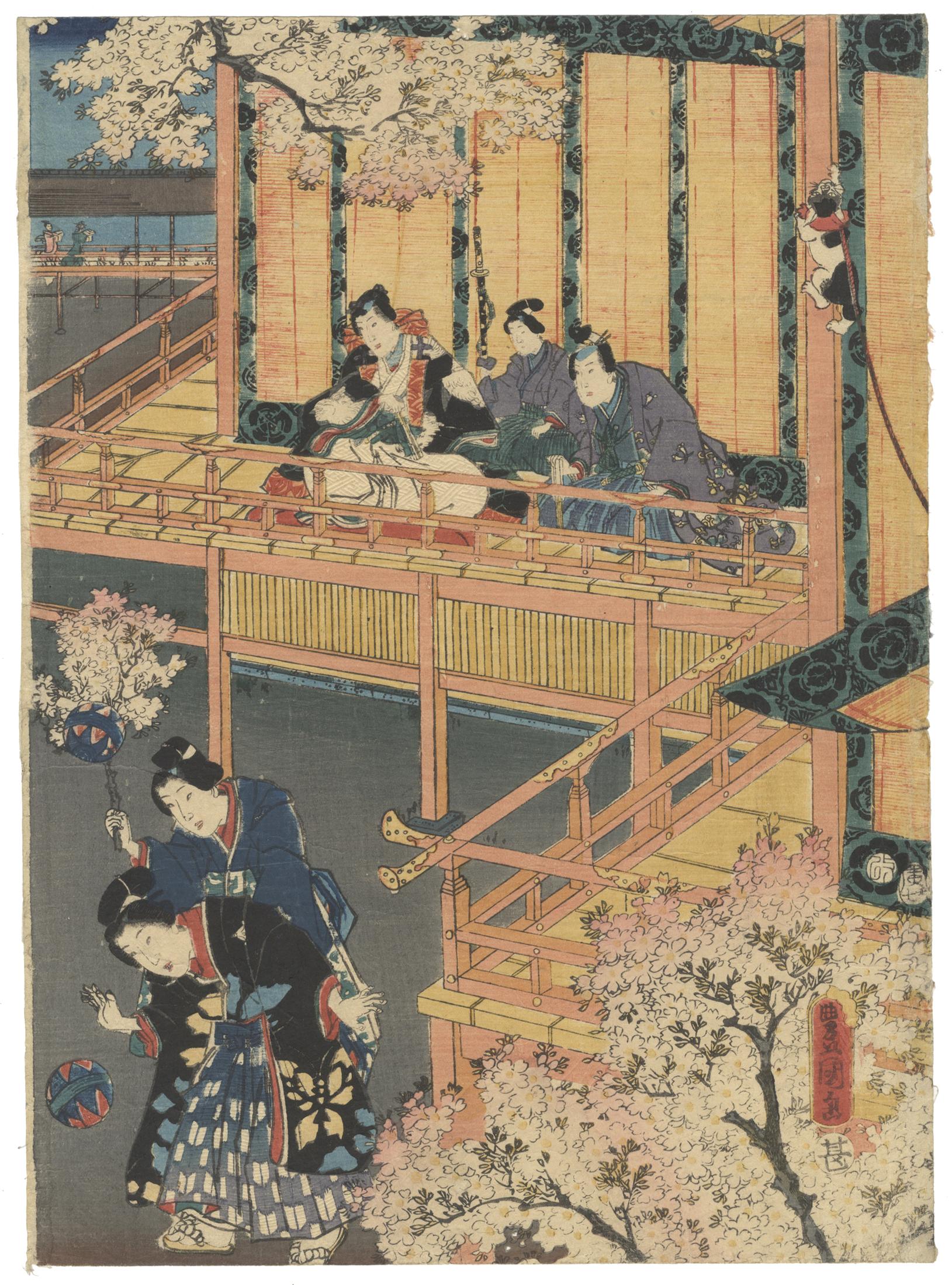 Original Japanese Woodblock Print, Toyokuni III, Tale of Genji, Kemari, Sakura 1