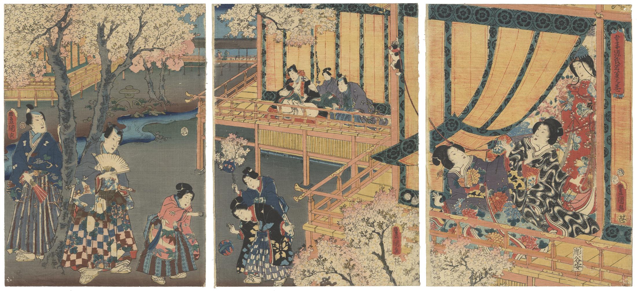Utagawa Kunisada (Toyokuni III) Landscape Print - Original Japanese Woodblock Print, Toyokuni III, Tale of Genji, Kemari, Sakura