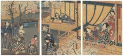 Original Japanese Woodblock Print, Toyokuni III, Tale of Genji, Kemari, Sakura