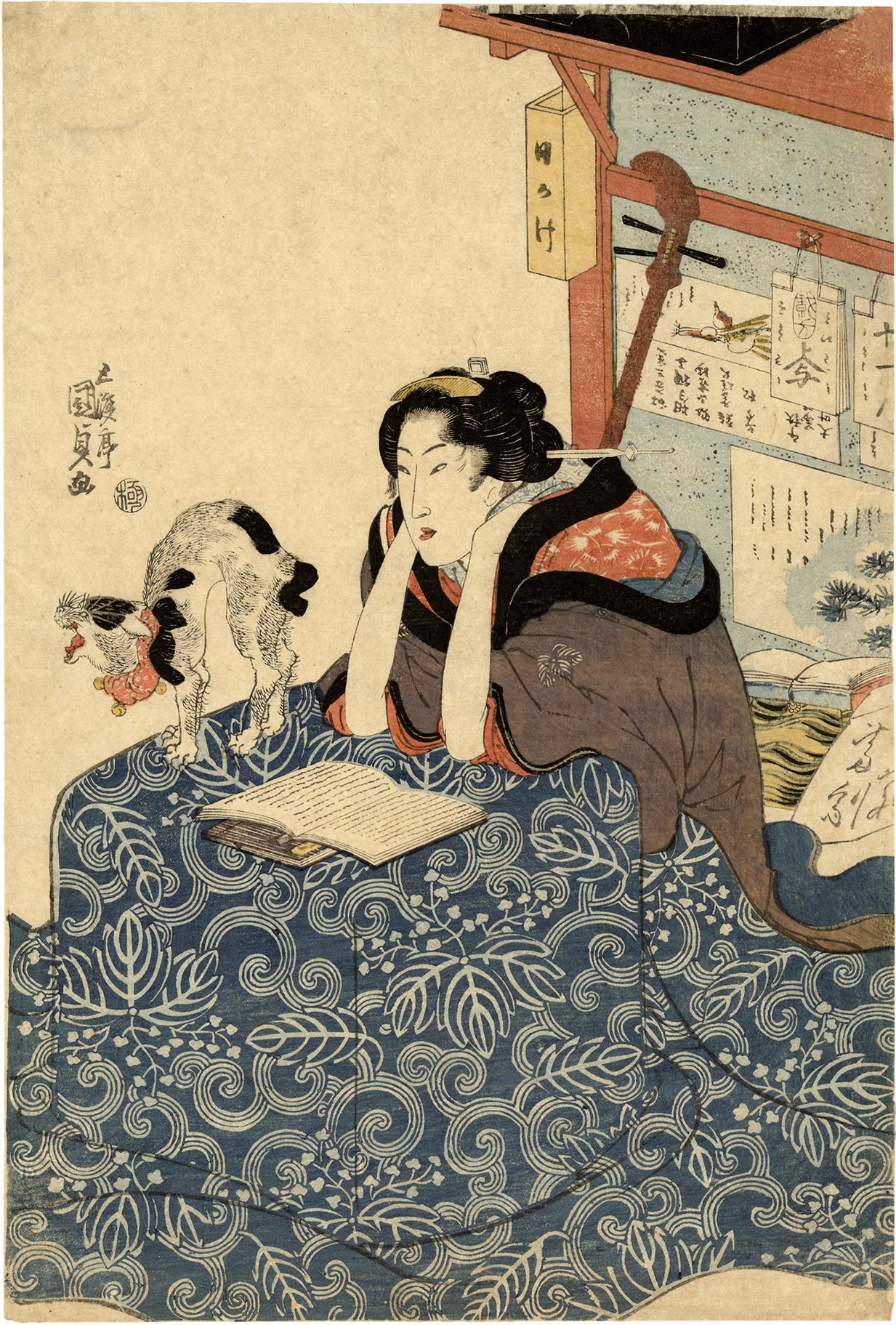 Utagawa Kunisada (Toyokuni III) Figurative Print - Reading Beauty and Stretching Cat