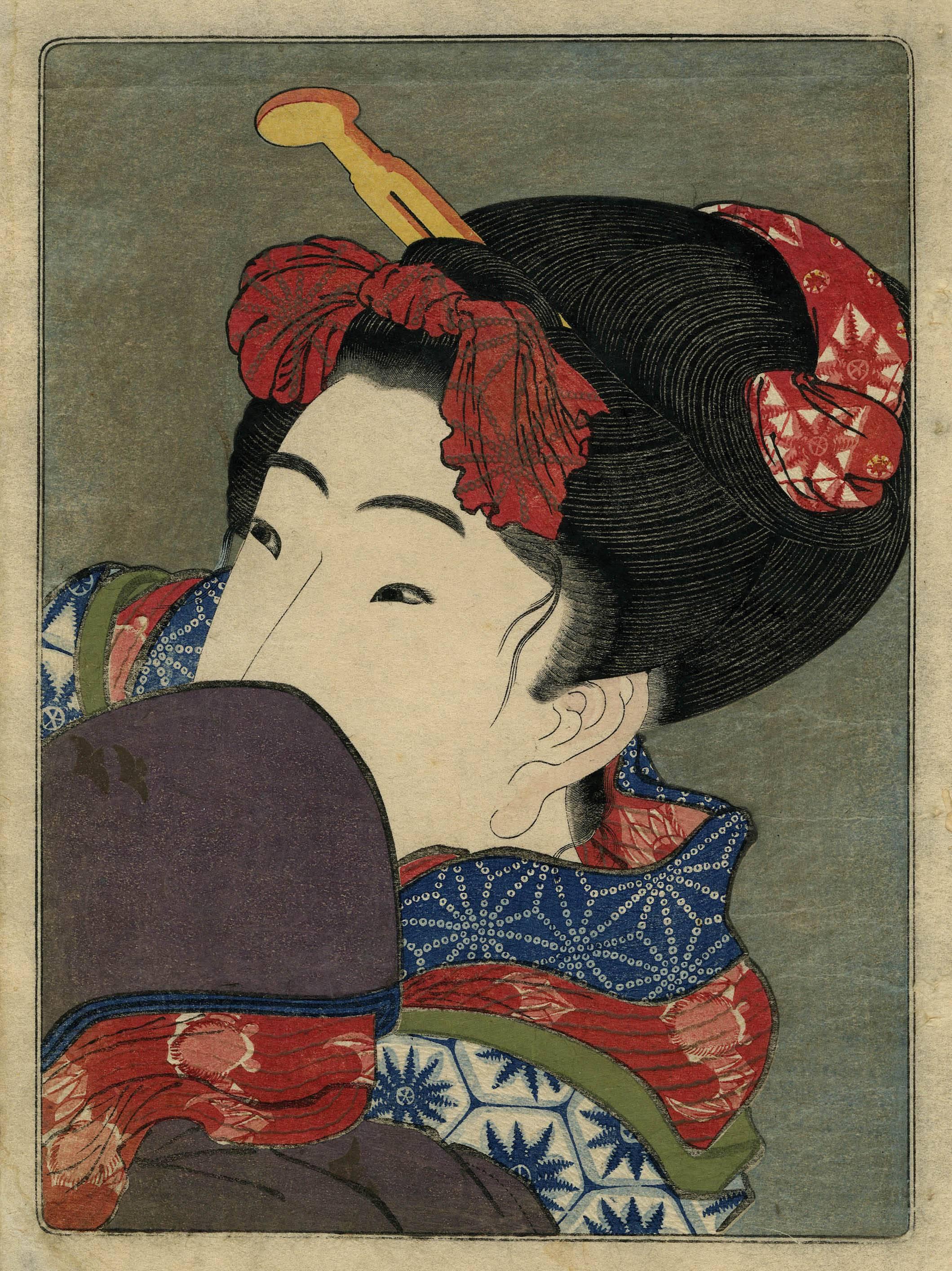 Utagawa Kunisada (Toyokuni III) Portrait Print - Shunga (Bijin hiding her face)