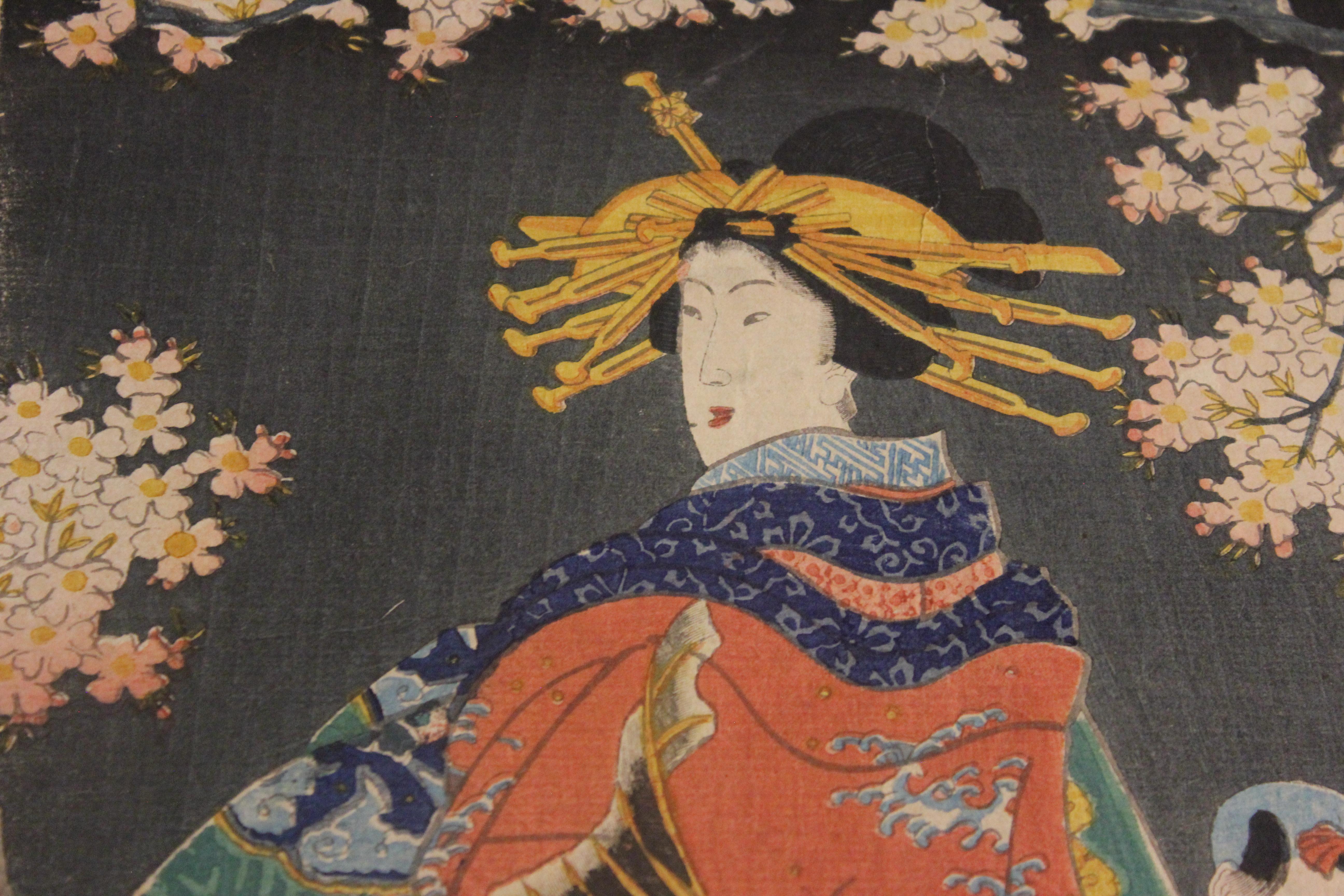Traditionally Dressed Beauty with Child and Koi Fish - Print by Utagawa Kunisada (Toyokuni III)