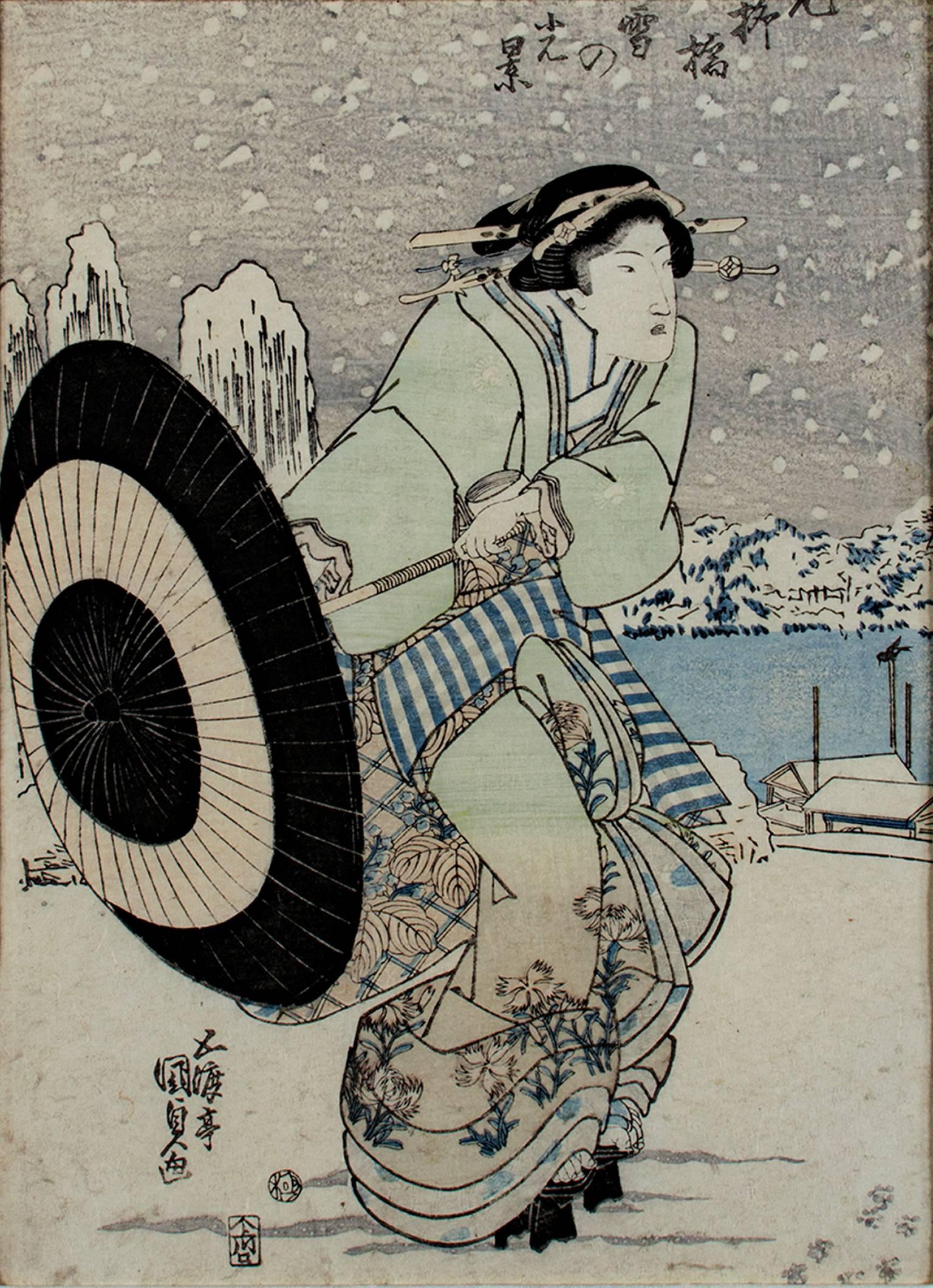 Utagawa Kunisada (Toyokuni III) Figurative Print - "Yanagibashi in Snow, " Color Woodcut Portrait with Umbrella by Utagawa Kunisada