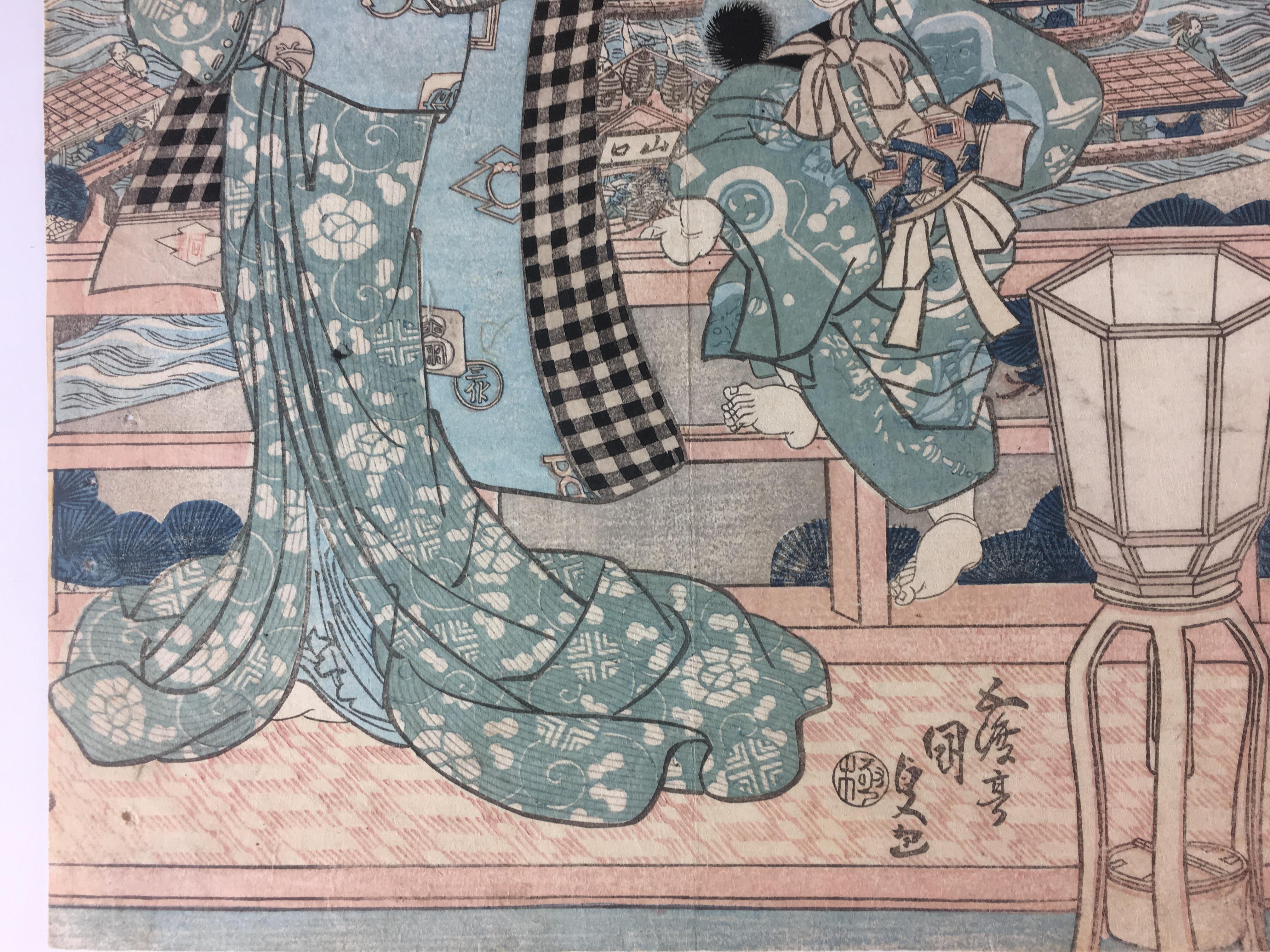 Two beauties enjoying a star studded sky on a bridge Below is what appears to be a boat festival. The woman on the left is being watched by the woman on the right who is presumably her servant. She's holding a fan and is dressed in a lavishly