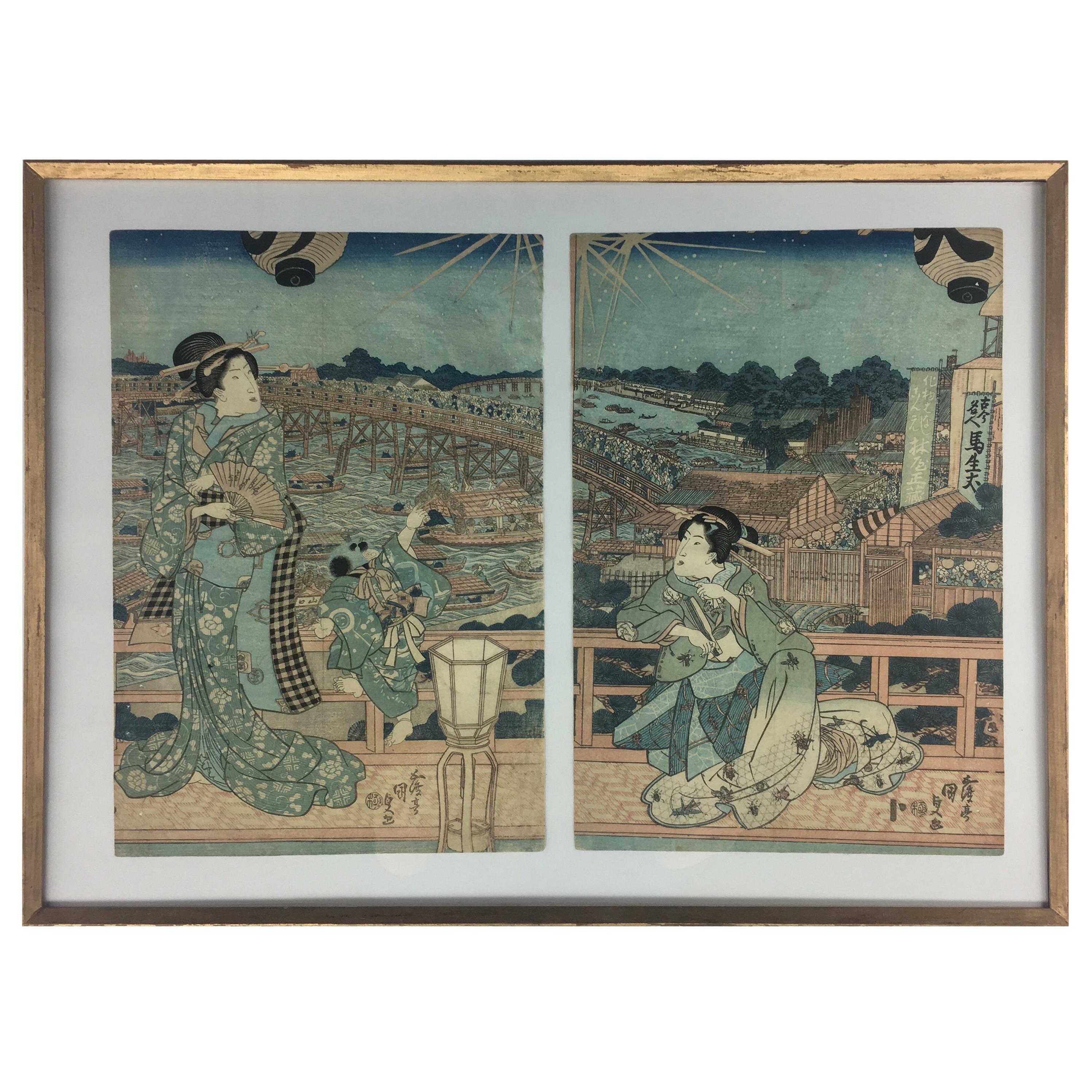 Utagawa Kunisada 'Toyokuni III' Japanese Beauties under Star Studded Sky