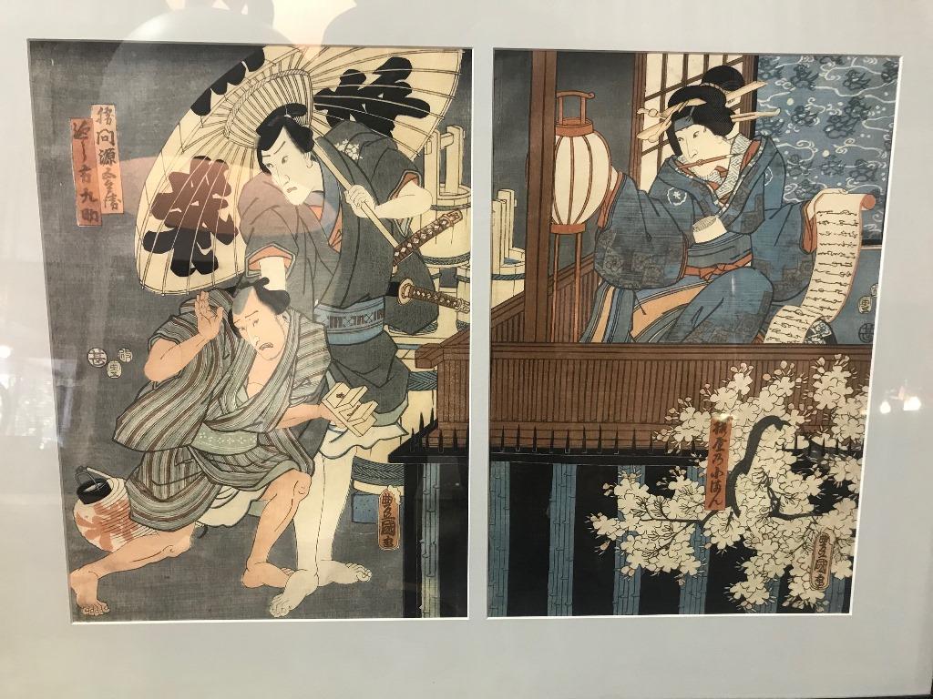 Fantastic Edo period diptych print by Utagawa Kunisada (Toyokuni III) who is widely considered the most prolific designer of ukiyo-e woodblock prints in 19th century Japan.

Nicely matted and framed. 

Framed dimensions: 20