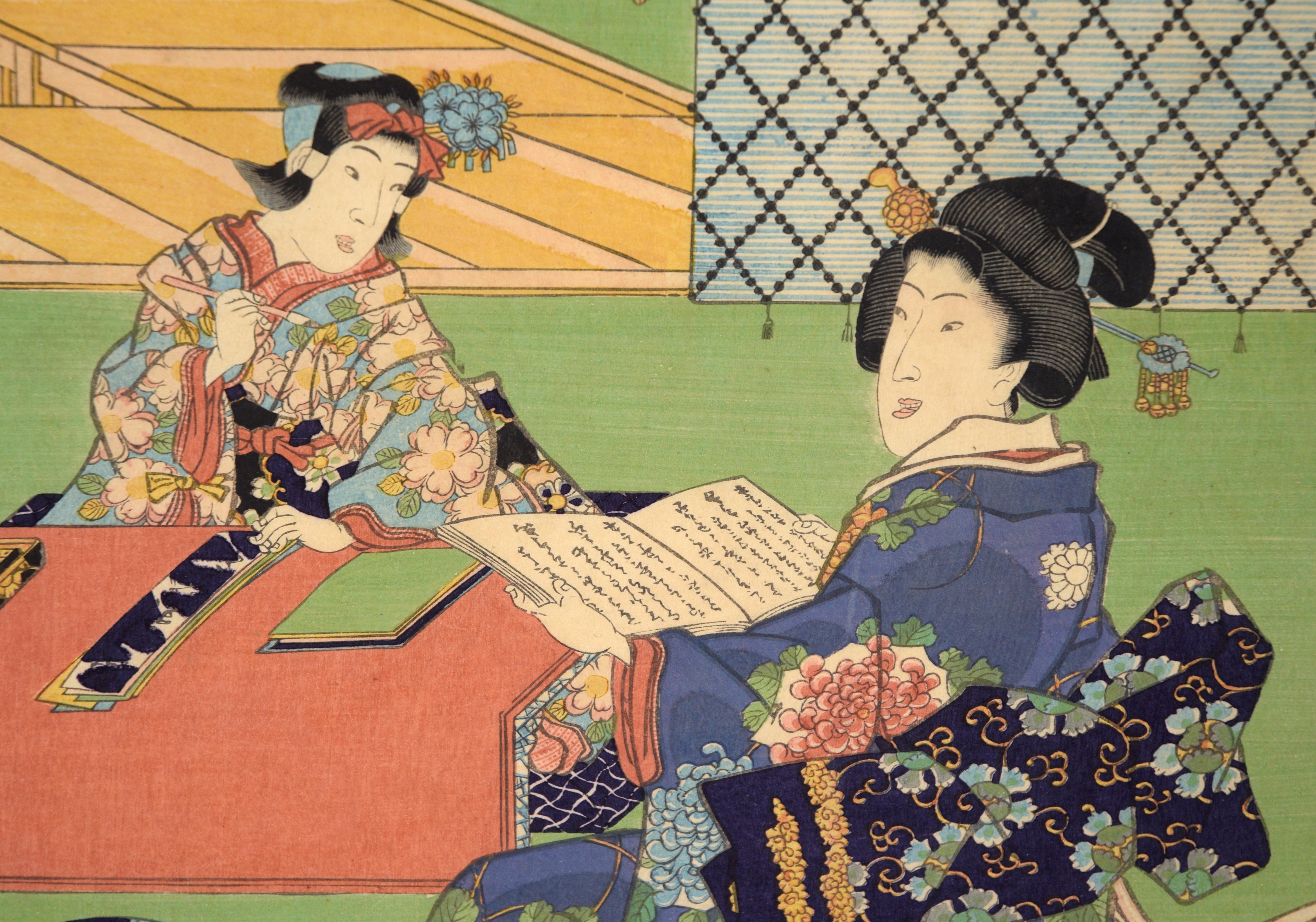 Annual Events for Young Murasaki (Juli) – Geschichten aus Genji – Japanischer Holzschnitt

Die rechte Tafel ist ein Triptychon, das die monatlichen Ereignisse für Wakamurasaki (die junge Murasaki) darstellt. Dies ist der Monat Juli. Es scheint ein