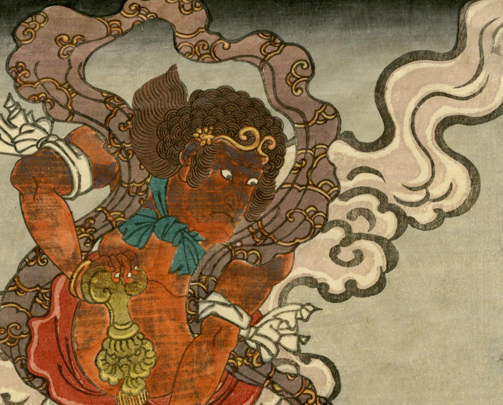 Buddhist Diety - Kongara Doji - Brown Figurative Print by Utagawa Kunisada (Toyokuni III)