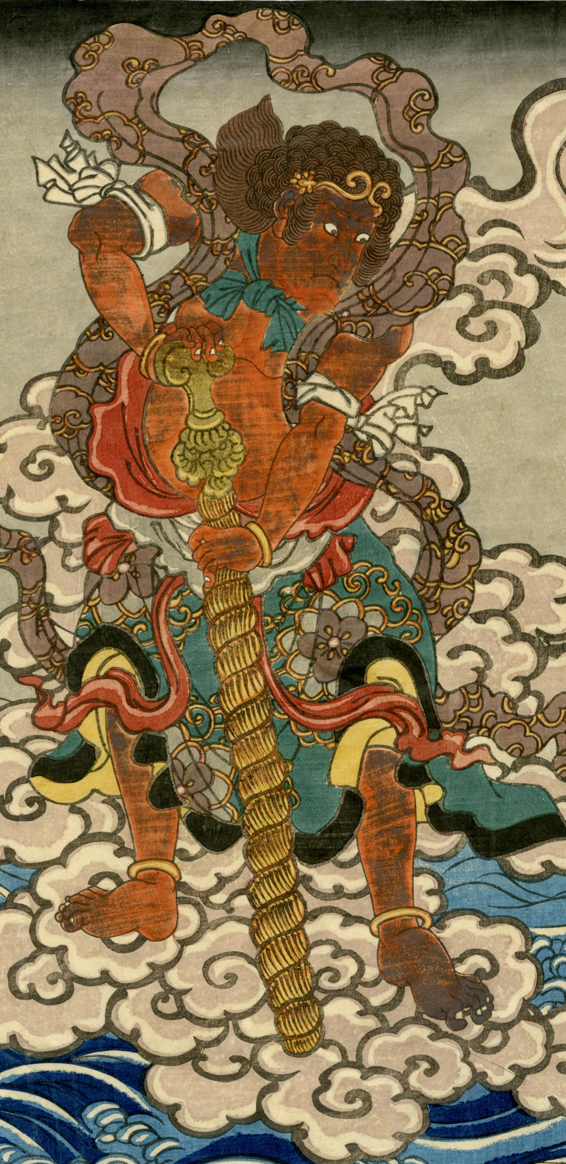 Buddhist Diety - Kongara Doji - Brown Figurative Print by Utagawa Kunisada (Toyokuni III)