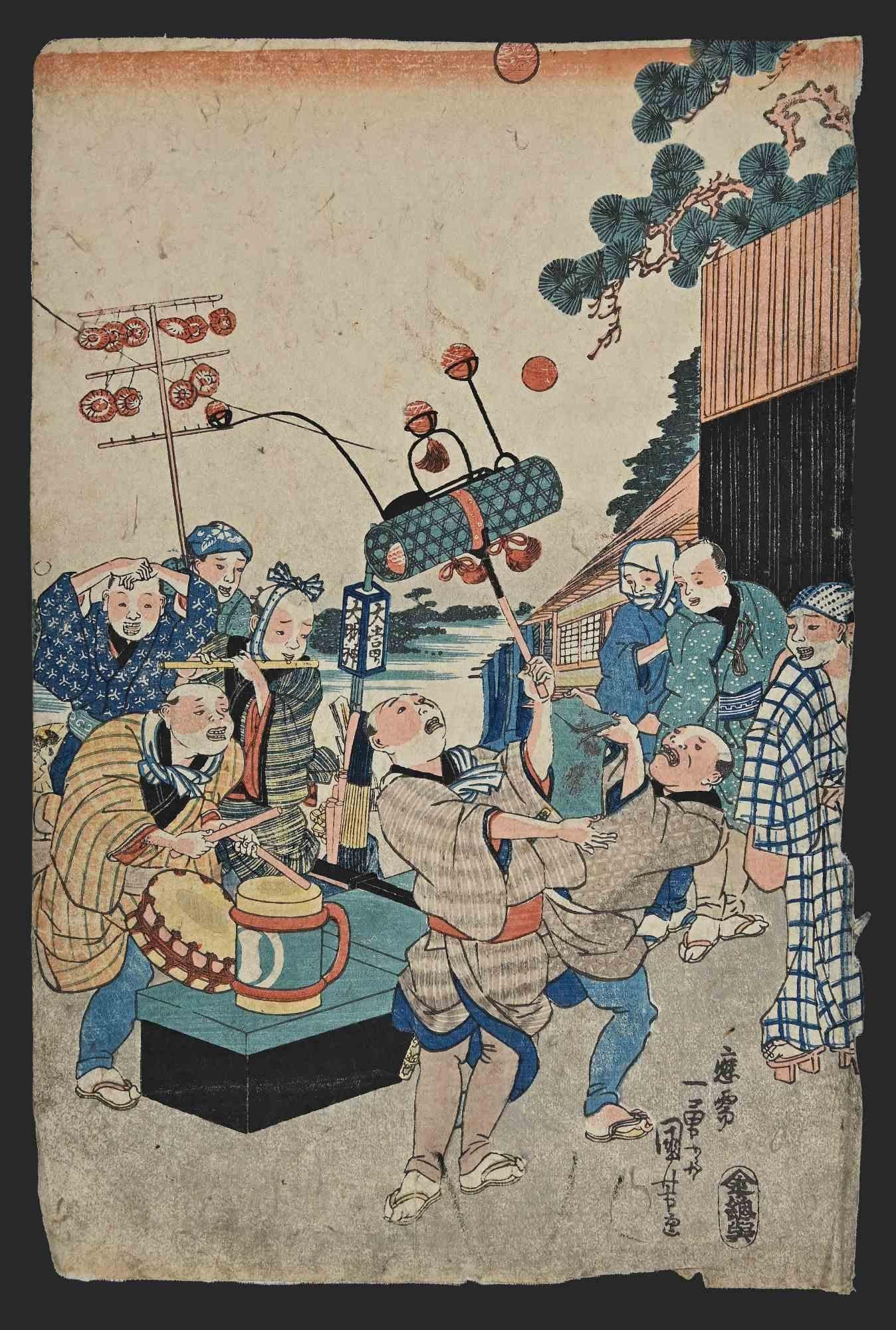 Utagawa Kunisada (Toyokuni III) Figurative Print – Celebration während der Sumo- Matches-Woodcut nach Utagawa Kunisada-Mitte des 19. Jahrhunderts