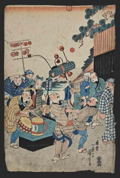 Celebration während der Sumo- Matches-Woodcut nach Utagawa Kunisada-Mitte des 19. Jahrhunderts