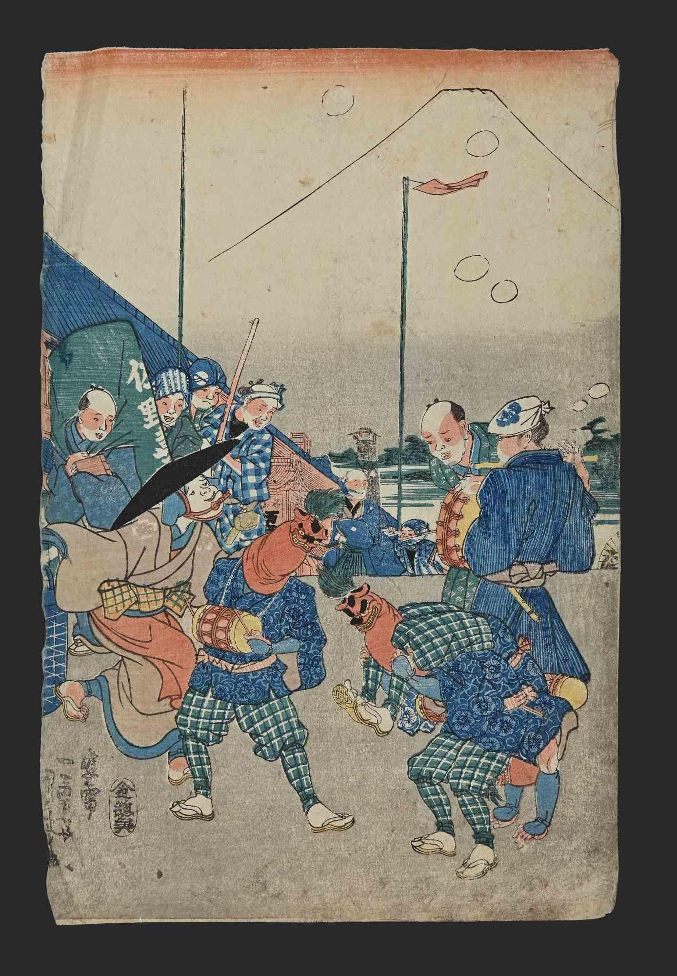 Utagawa Kunisada (Toyokuni III) Figurative Print - Celebrations during Sumo Matches-Woodcut  by Utagawa Kunisada - Mid 19th century