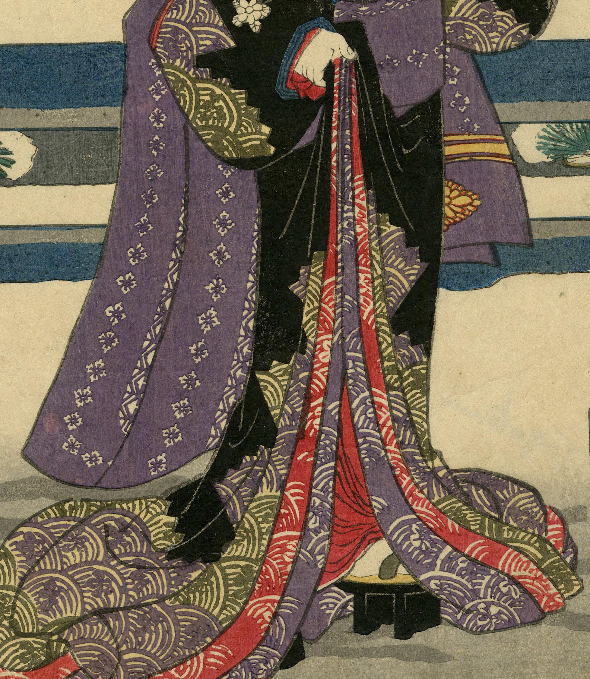 Courtesan Kumekichi
Color woodblock, 1858
Kabuki Actor Iwai Kumesaburo III in the role of courtesan Kumekichi, who is standing in snow hold a red sake cup
Publisher: Ohkuniya Kinjiro
Signed: Toyokuni ga in the Toshidama cartouche
Condition: Slightly