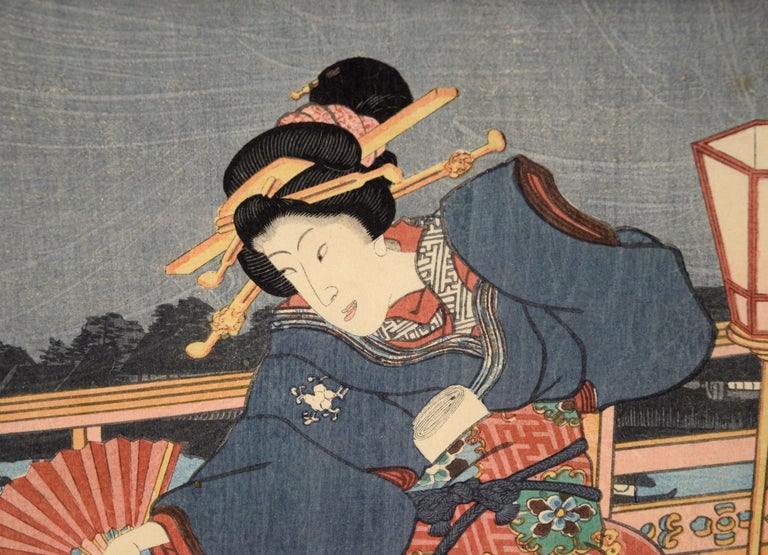 Dancer with Fan - Mid 19th Century Figurative Japanese Woodblock Print on Paper 1
