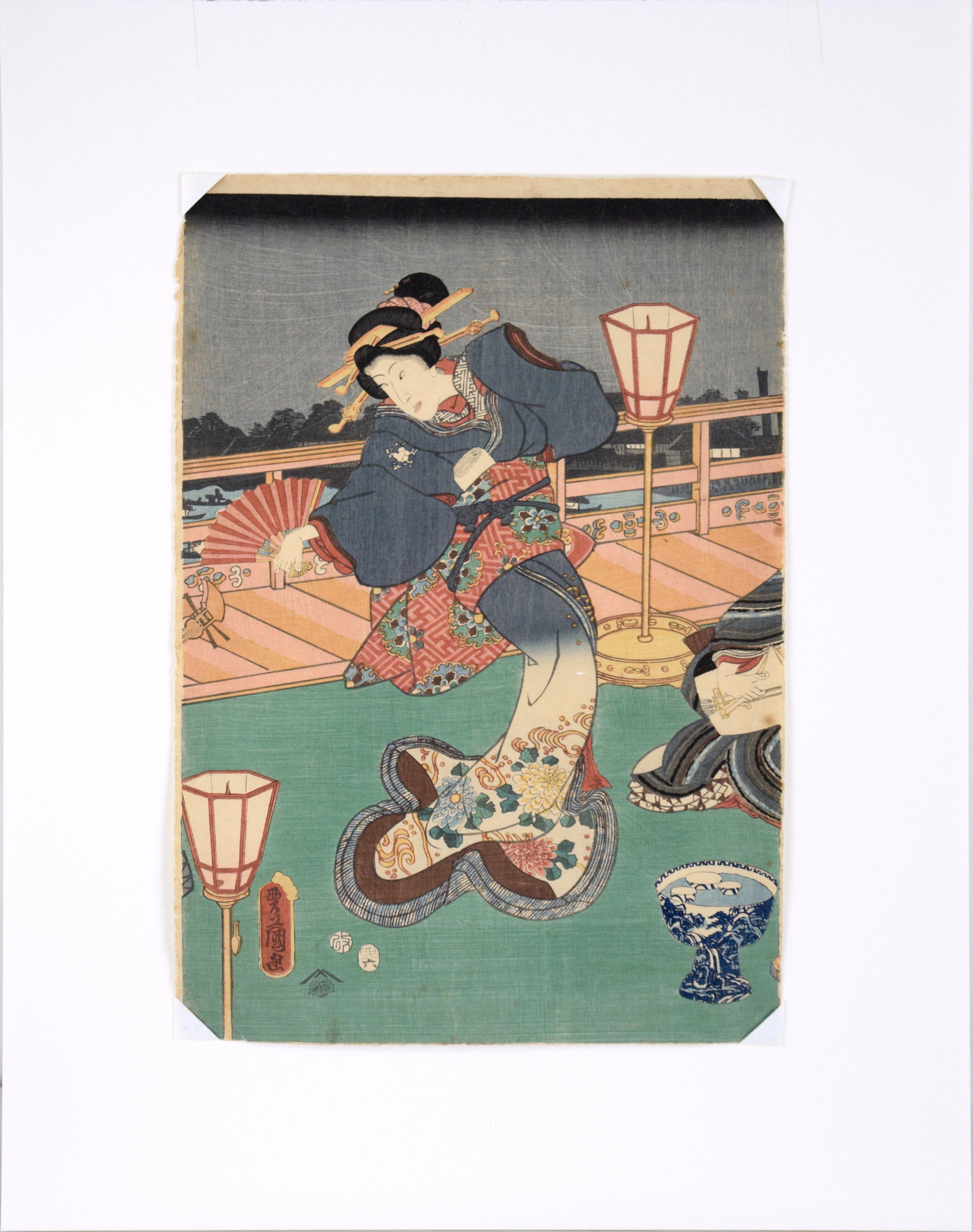 Dancer with Fan - Mid 19th Century Figurative Japanese Woodblock Print on Paper 3