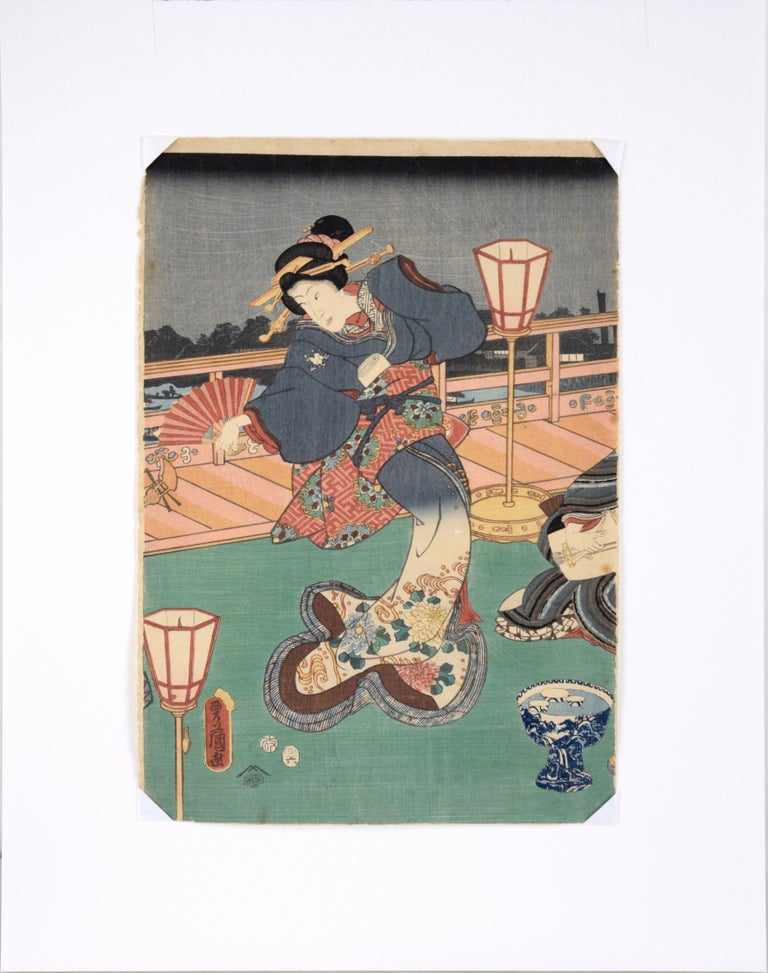 Dancer with Fan - Mid 19th Century Figurative Japanese Woodblock Print on Paper 6