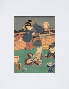 Dancer with Fan - Mid 19th Century Figurative Japanese Woodblock Print on Paper