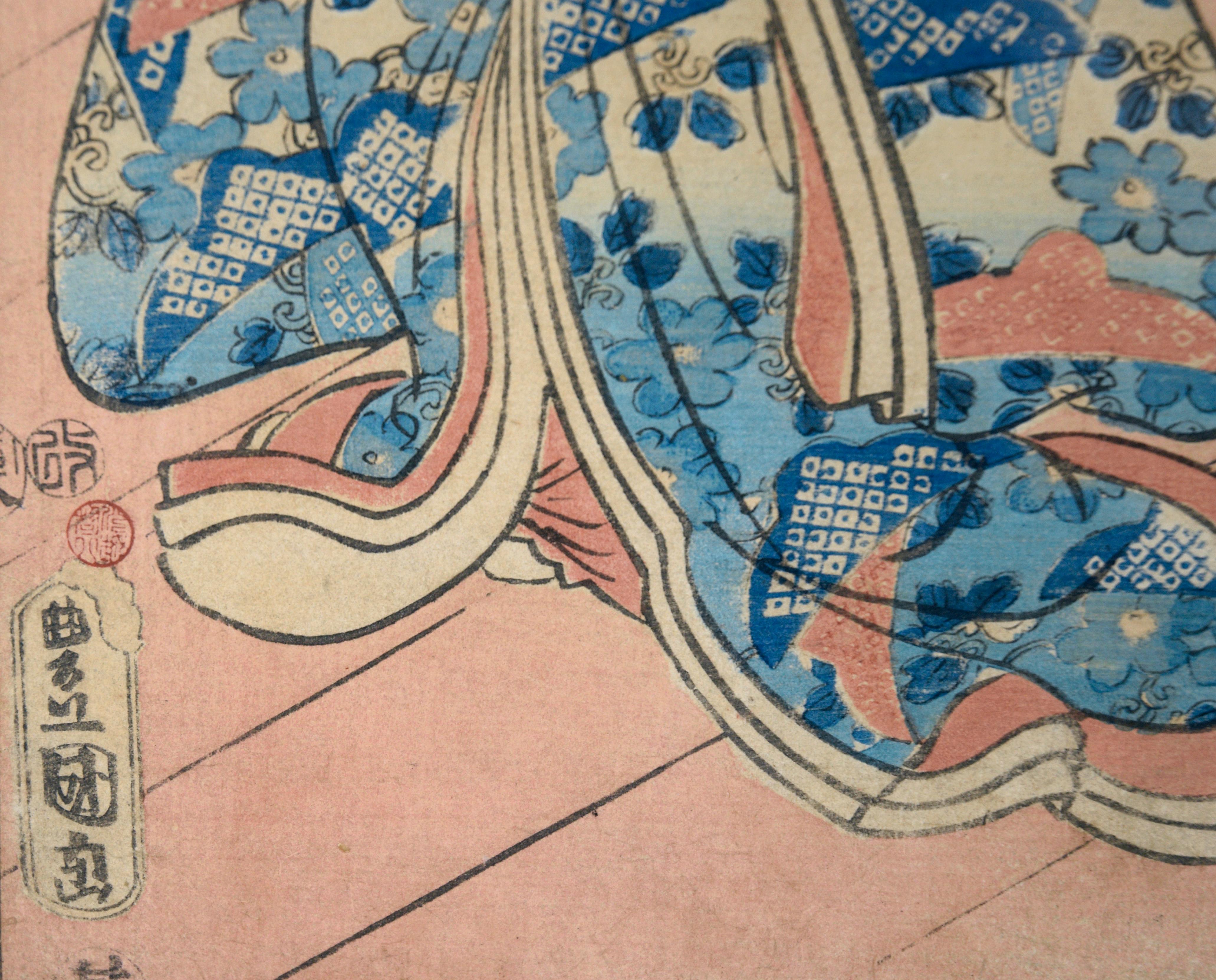 Elegante Museen des östlichen Genji – Japanisches Triptychon mit Holzschnitt auf Papier im Angebot 6