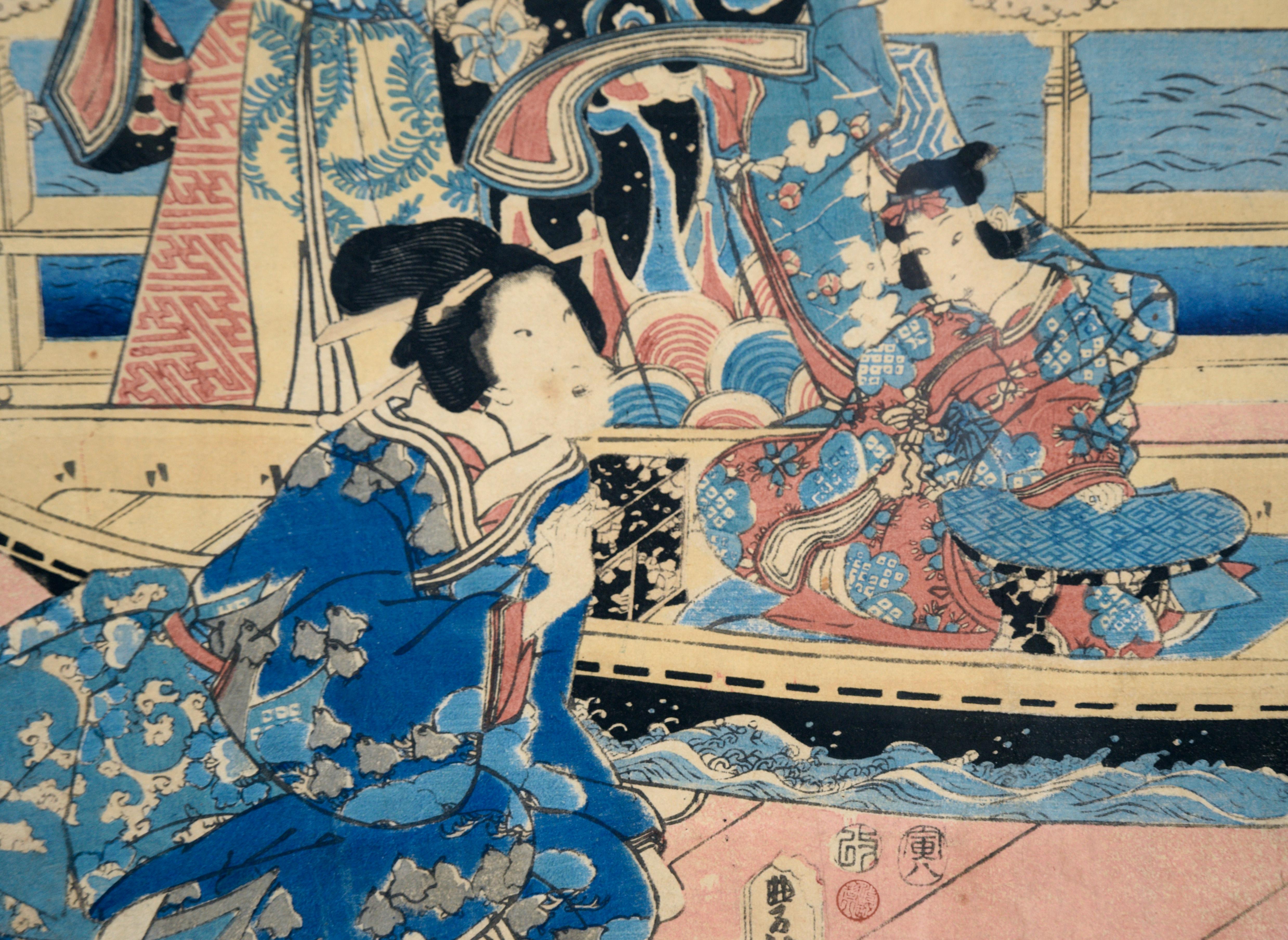 Elegante Museen des östlichen Genji – Japanisches Triptychon mit Holzschnitt auf Papier im Angebot 7