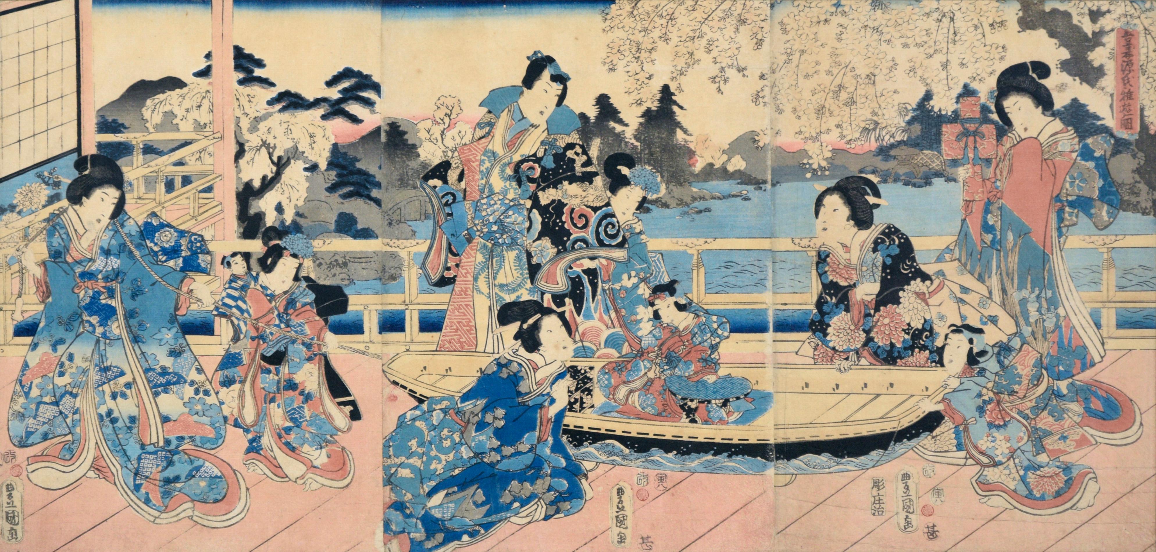 Elegante Museen des östlichen Genji – Japanisches Triptychon mit Holzschnitt auf Papier – Print von Utagawa Kunisada (Toyokuni III)