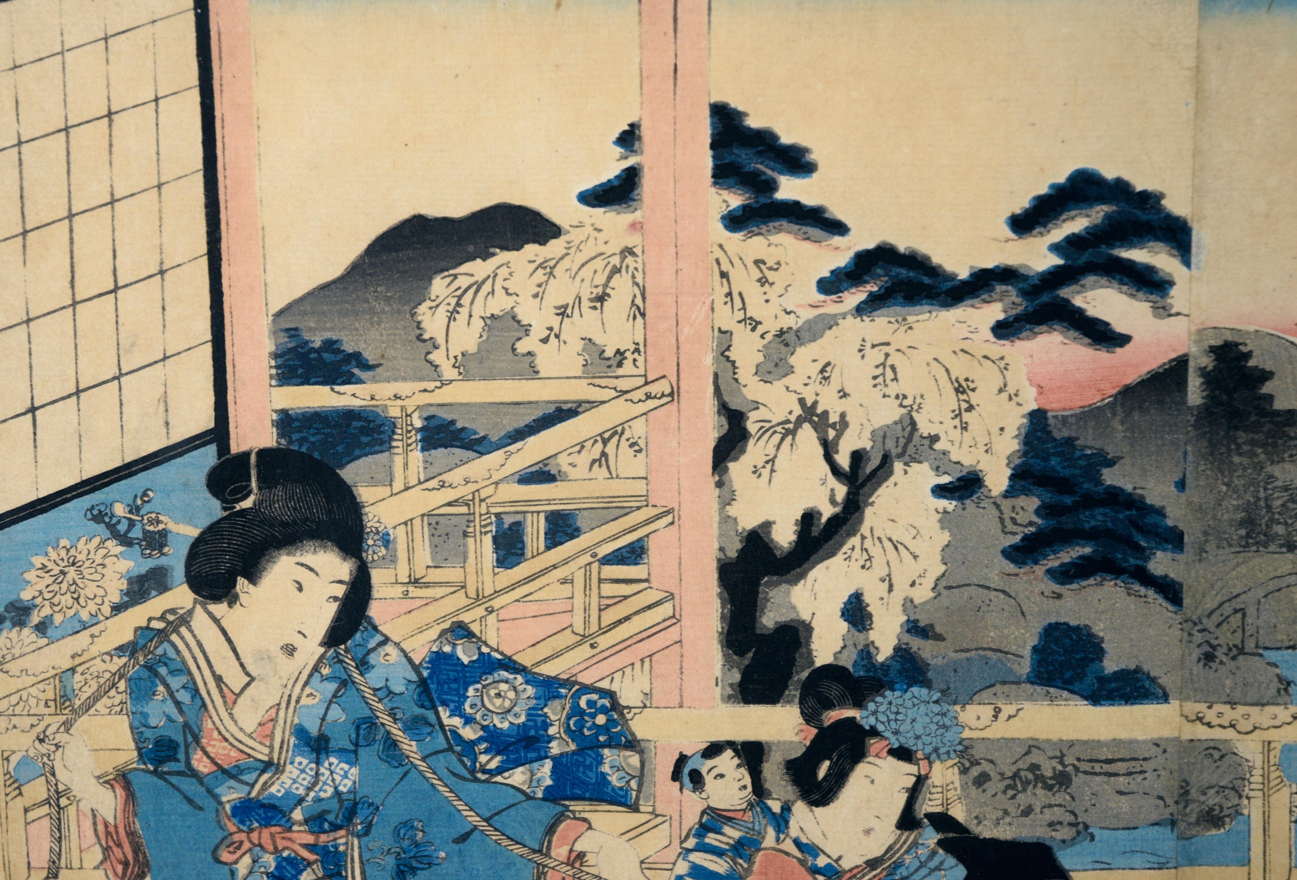 Elegante Museen des östlichen Genji – Japanisches Triptychon mit Holzschnitt auf Papier (Edo), Print, von Utagawa Kunisada (Toyokuni III)
