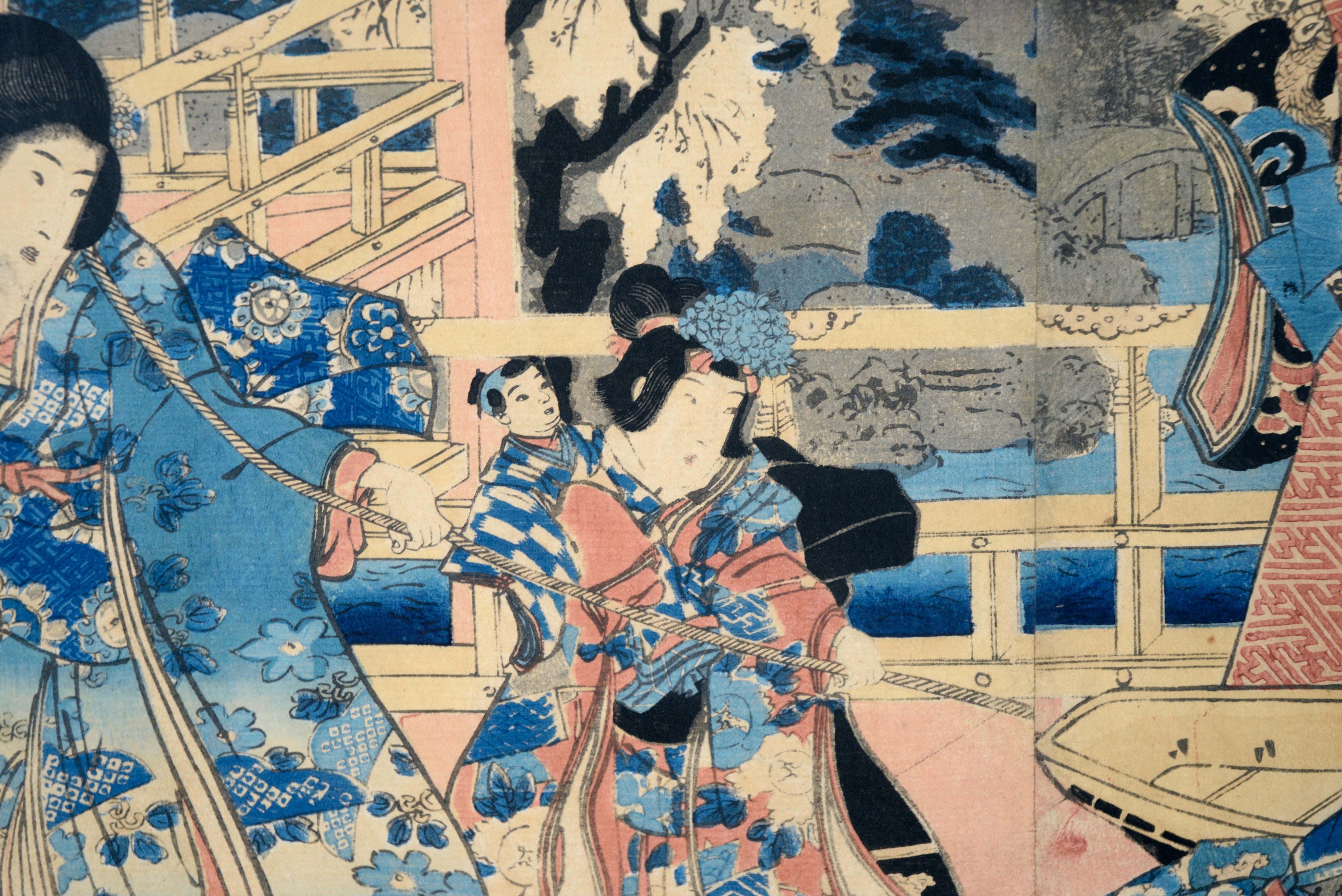 Elegante Museen des östlichen Genji – Japanisches Triptychon mit Holzschnitt auf Papier

Dynamischer Farbholzschnitt mit mehreren elegant gekleideten Figuren von Utagawa Kunisada I (Toyokuni III) (Japaner, 1786-1864). Mehrere gut gekleidete Personen
