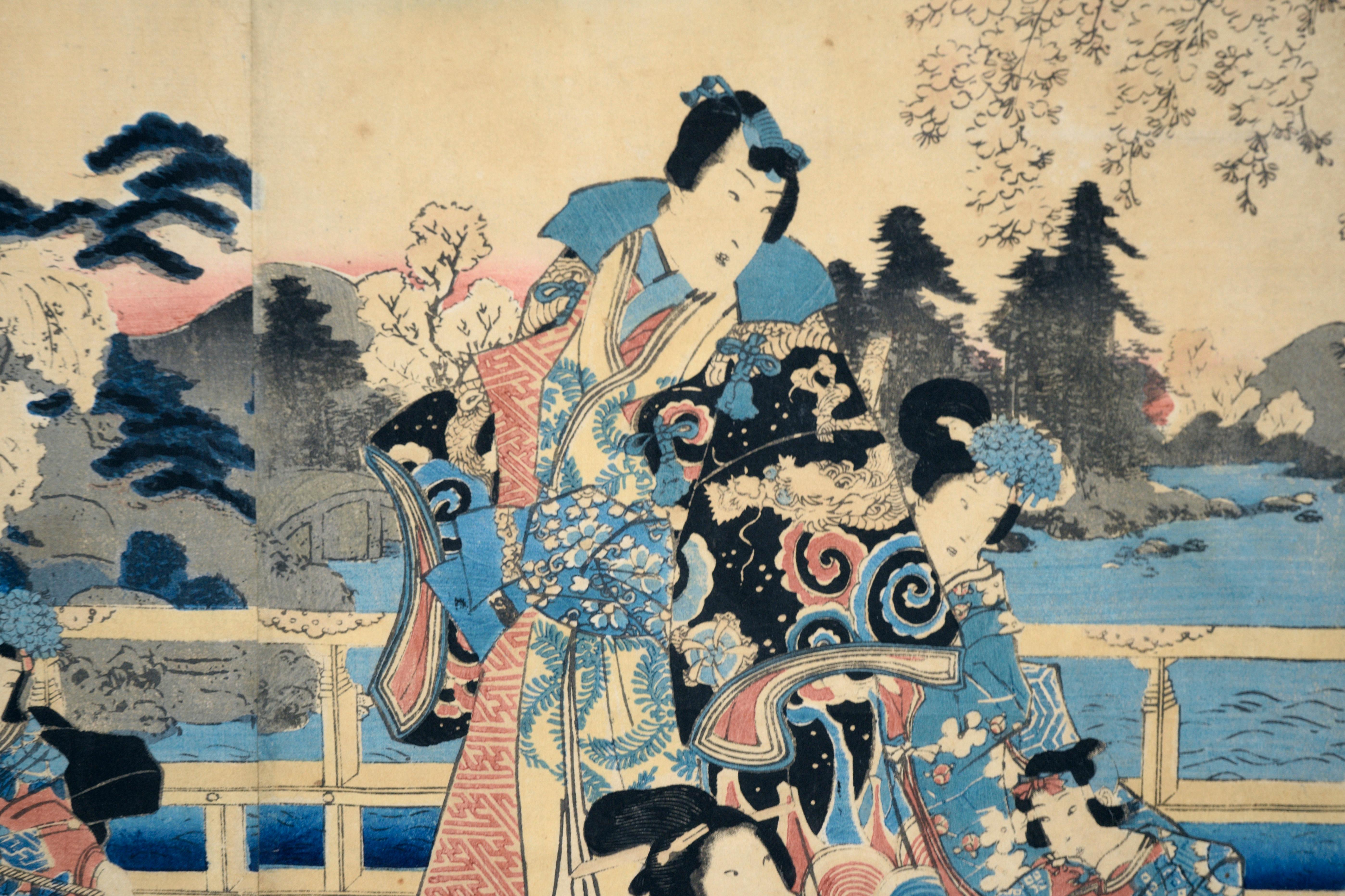 Elegant Amusements of Eastern Genji - Japanese Triptych Woodblock Print on Paper

Dynamic woodblock print with several elegantly dressed figures by Utagawa Kunisada I (Toyokuni III) (Japanese, 1786-1864). Several well dressed people are gathered