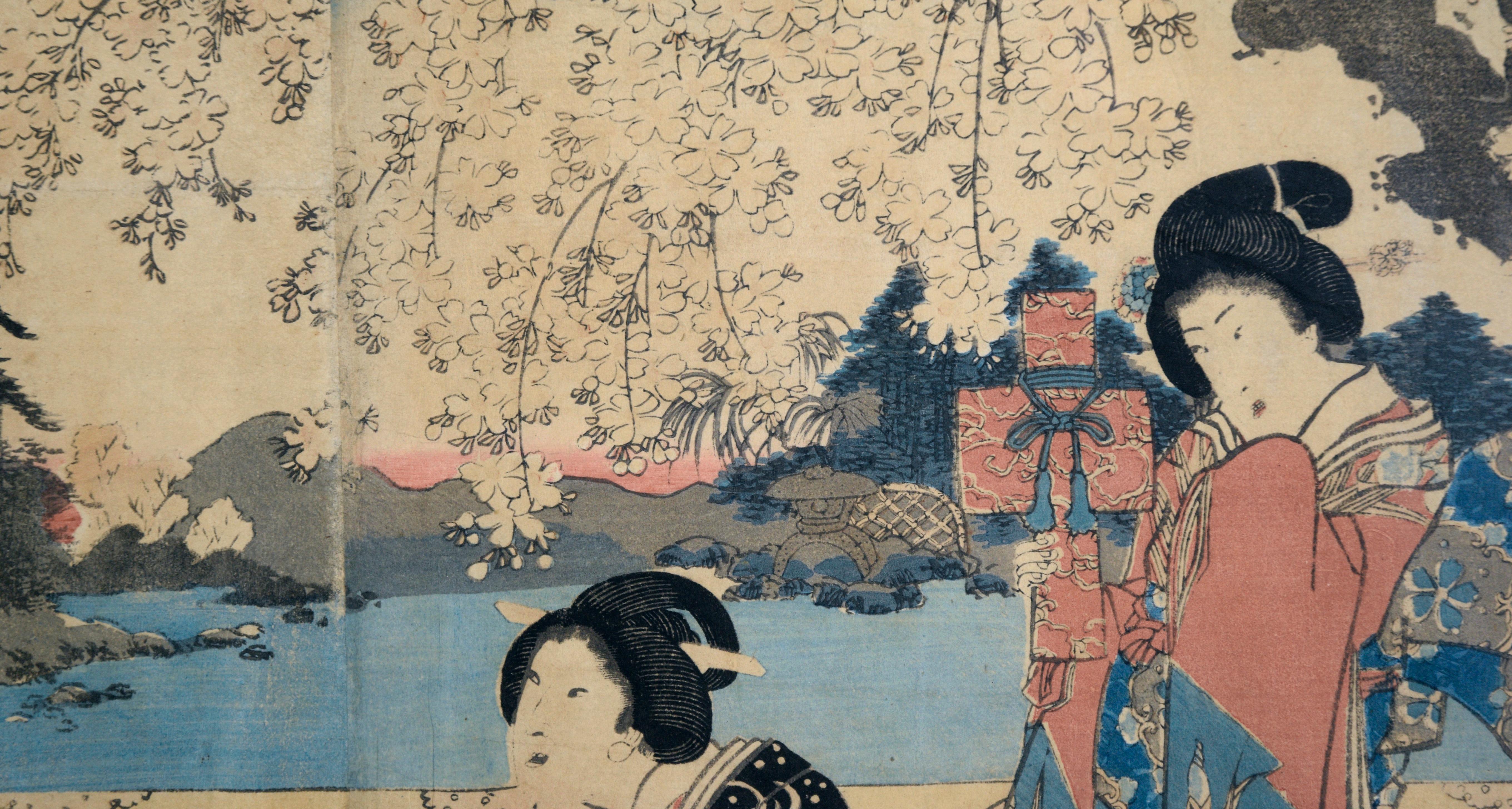 Elegante Museen des östlichen Genji – Japanisches Triptychon mit Holzschnitt auf Papier im Angebot 2