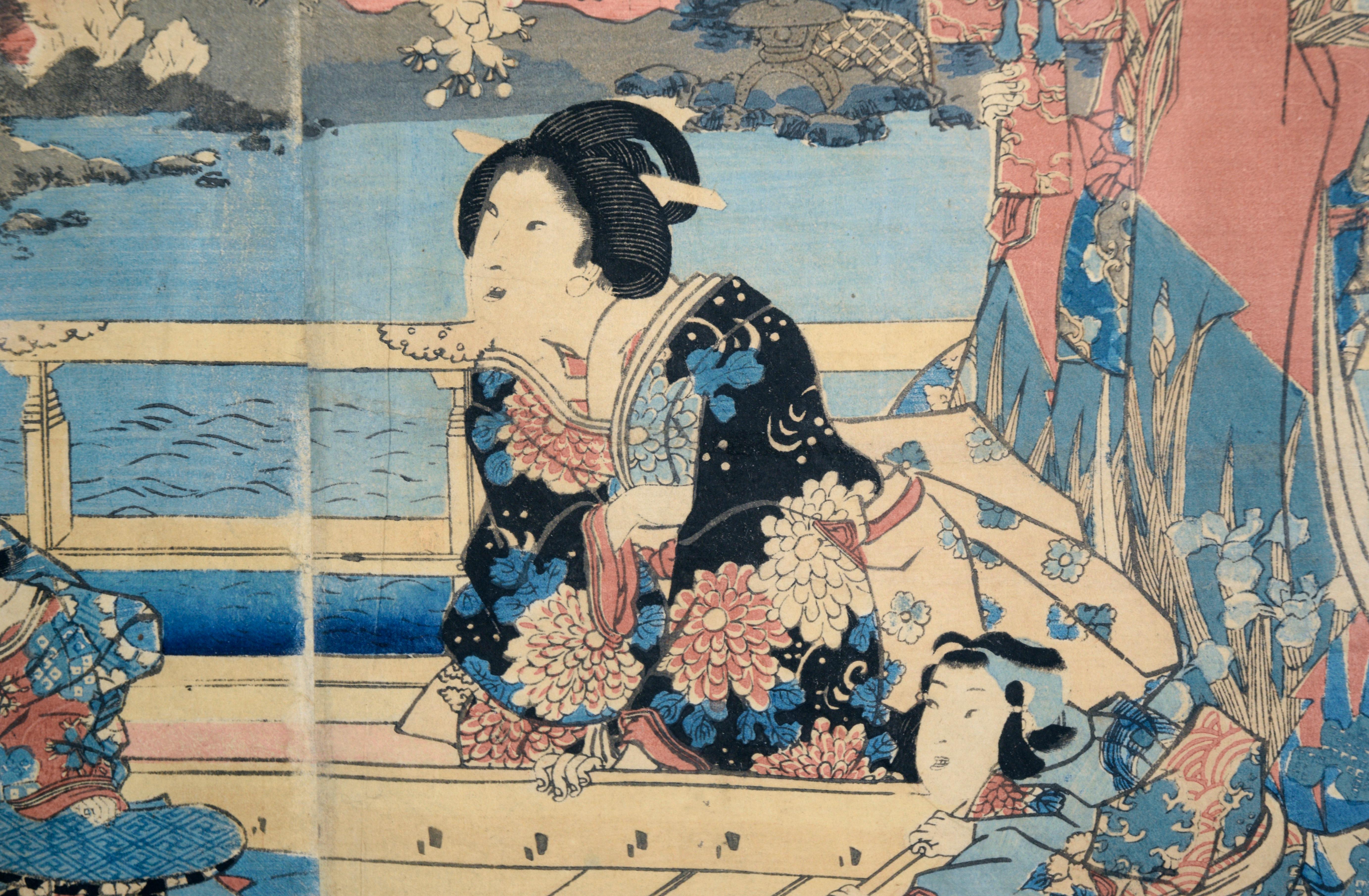 Elegante Museen des östlichen Genji – Japanisches Triptychon mit Holzschnitt auf Papier im Angebot 3