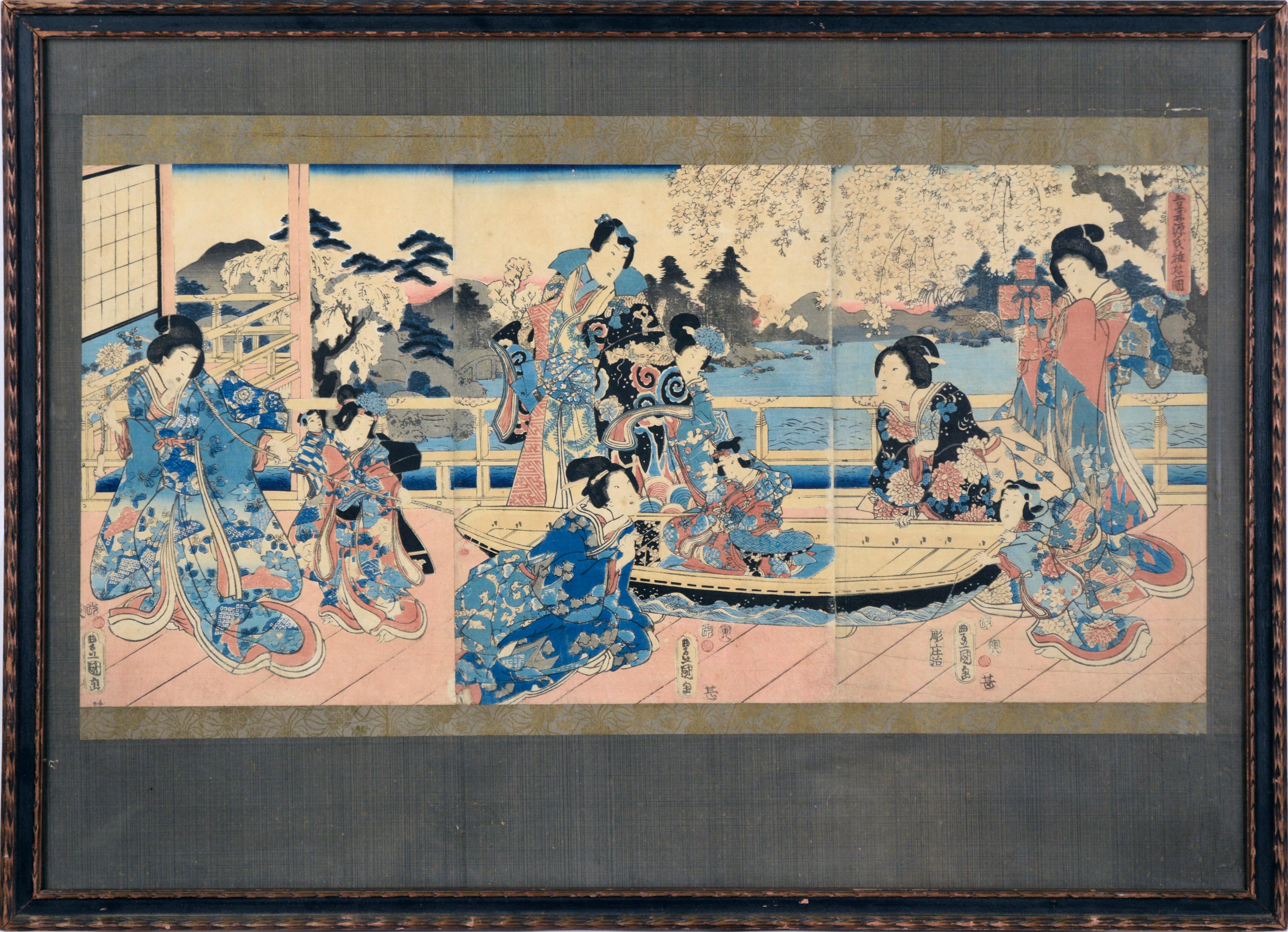 Figurative Print Utagawa Kunisada (Toyokuni III) - Élégantes expositions de Genji orientales - Triptyque japonais - Impression sur papier de bloc de bois