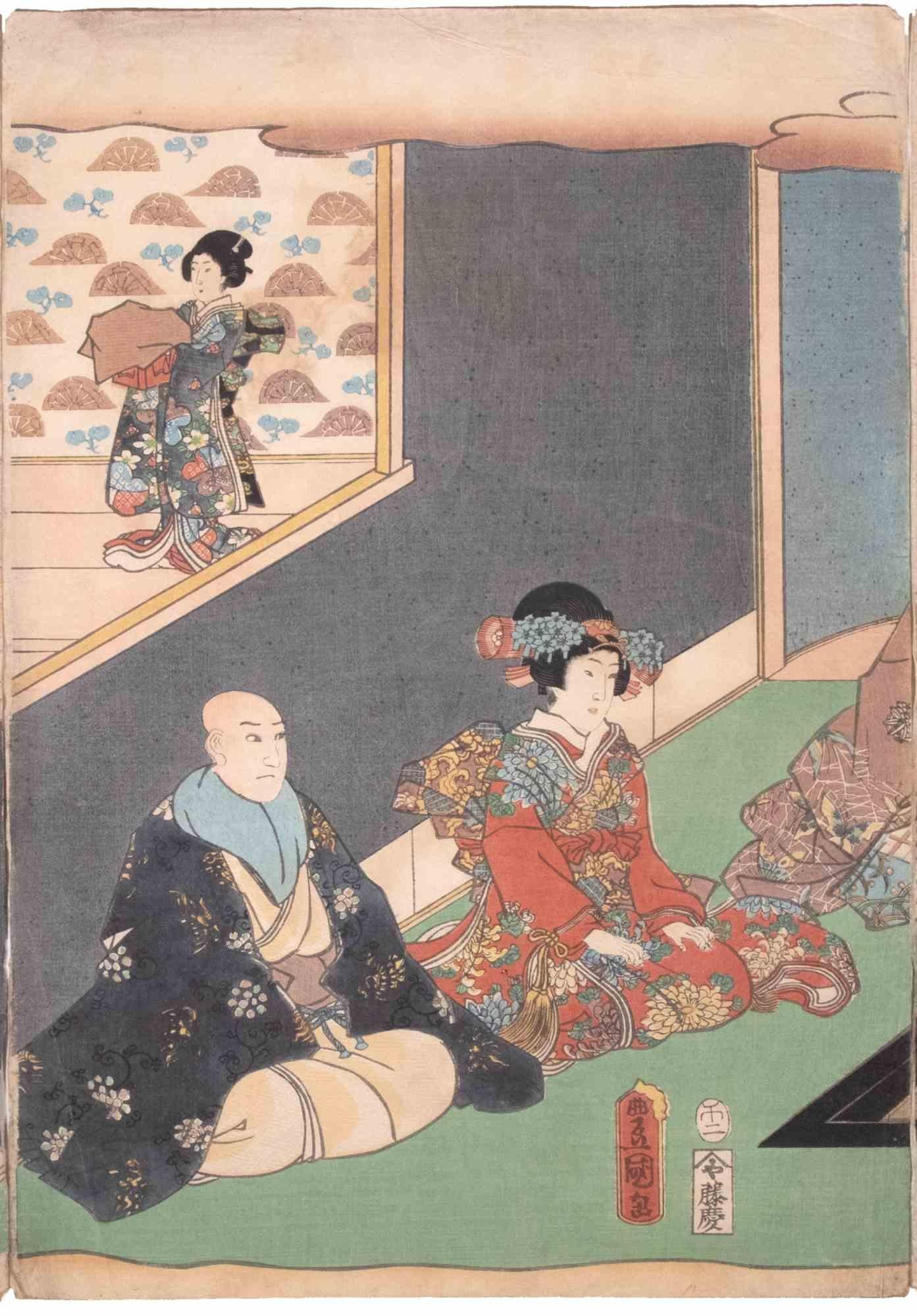 Genji in the Twelve Months - Woodcut by Utagawa Toyokuni III - 1858 - Modern Print by Utagawa Kunisada (Toyokuni III)