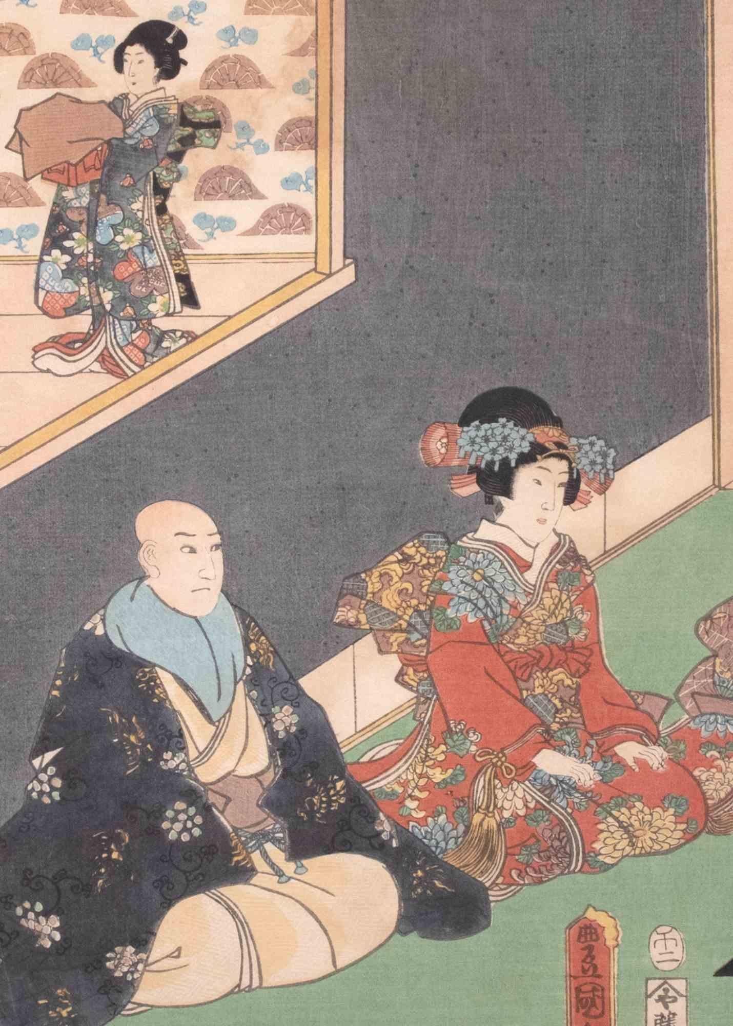 Genji in the Twelve Months - Woodcut by Utagawa Toyokuni III - 1858 - Brown Figurative Print by Utagawa Kunisada (Toyokuni III)