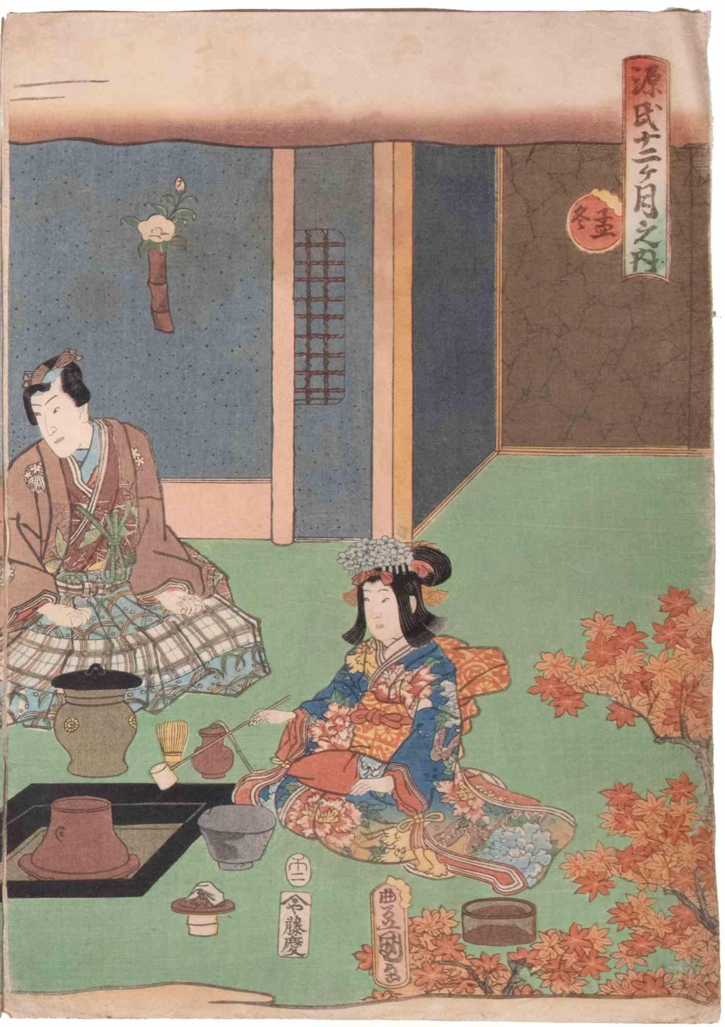 Genji in the Twelve Months / The Tenth Month (Moto) is a tryptich woodcut print realized by Utagawa Toyokuni III in 1858.

Very good condition except for some minor signs of wear.


