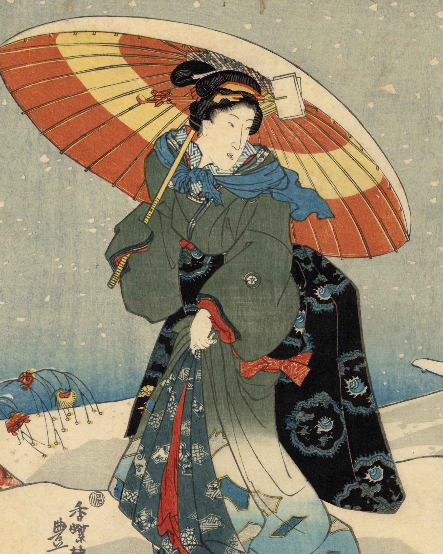 Japanese Beauties With Umbrellas in the Snow Visit the Shinto Shrine - Print by Utagawa Kunisada (Toyokuni III)